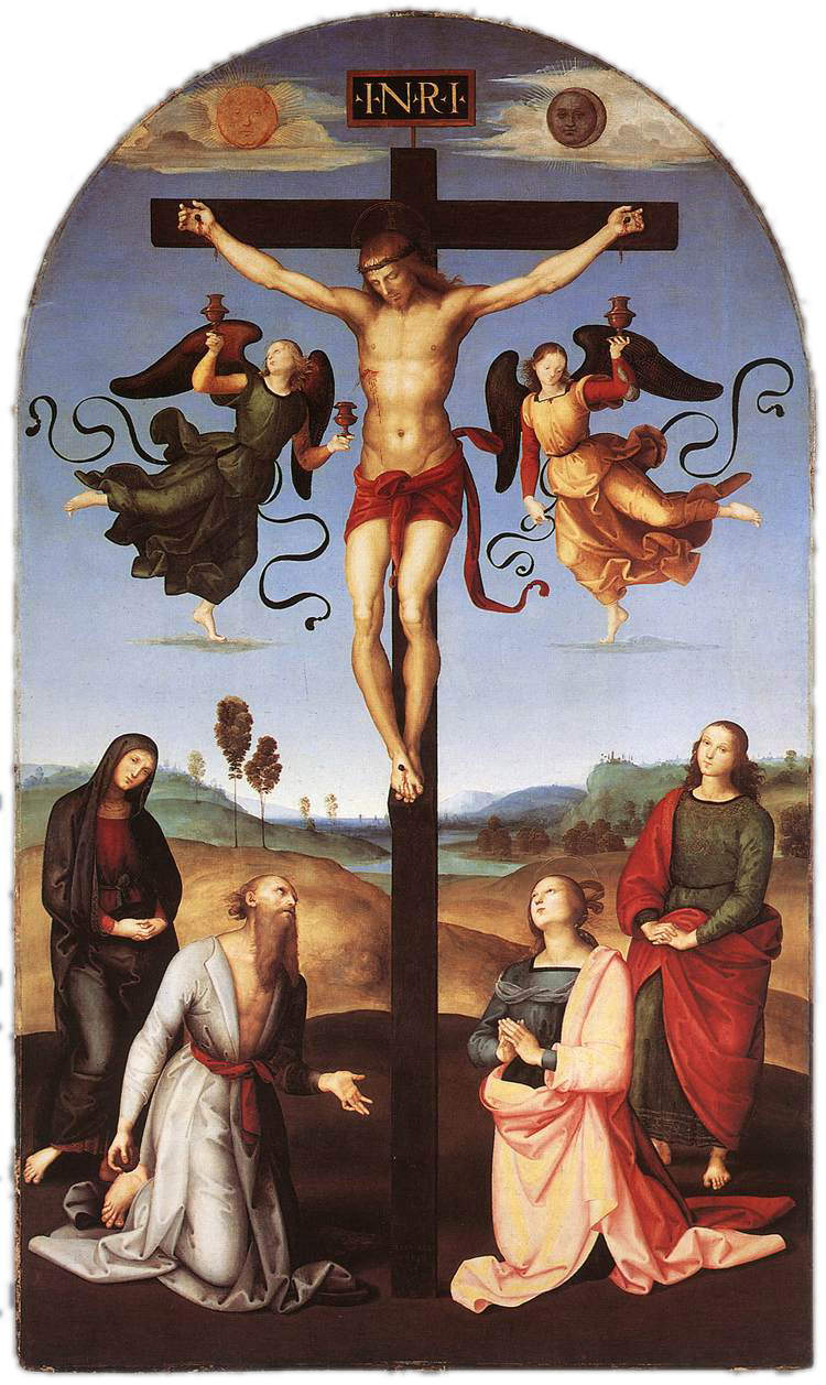 Raffaello, Crocifissione Gavari (1502-1504; olio su tavola, 279 x 166 cm; Londra, National Gallery) Raffaello, Crocifissione Gavari (1502-1504; olio su tavola, 279 x 166 cm; Londra, National Gallery)
