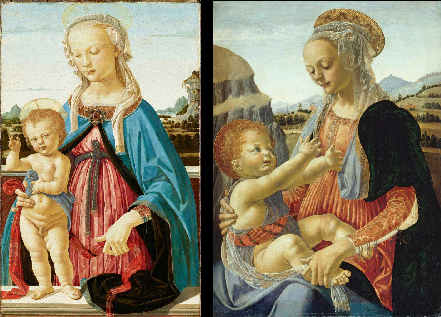 A sinistra: 1. Bottega del Verrocchio (Perugino?), Madonna col Bambino (Madonna del davanzale) (Berlino, Gemäldegalerie, n.108). A destra: 2. Bottega del Verrocchio (Botticelli?), Madonna col Bambino (Berlino, Gemäldegalerie, n.104 A) A sinistra: 1. Bottega del Verrocchio (Perugino?), Madonna col Bambino (Madonna del davanzale) (Berlino, Gemäldegalerie, n.108). A destra: 2. Bottega del Verrocchio (Botticelli?), Madonna col Bambino (Berlino, Gemäldegalerie, n.104 A)