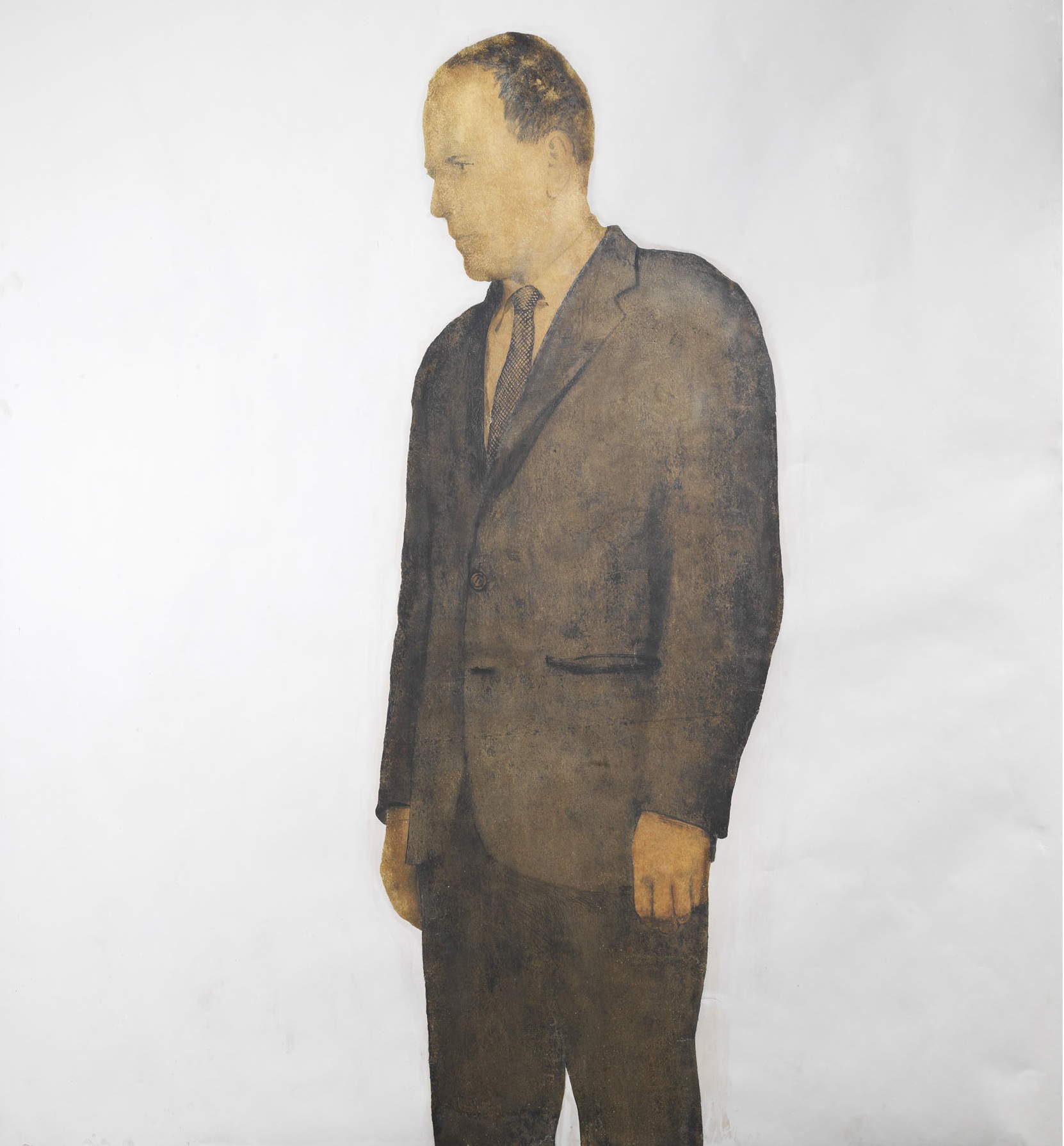 Michelangelo Pistoletto, Personne debout (1962-1963 ; tissu peint sur acier inoxydable poli miroir, 120 x 120 cm ; Florence, collection Roberto Casamonti)