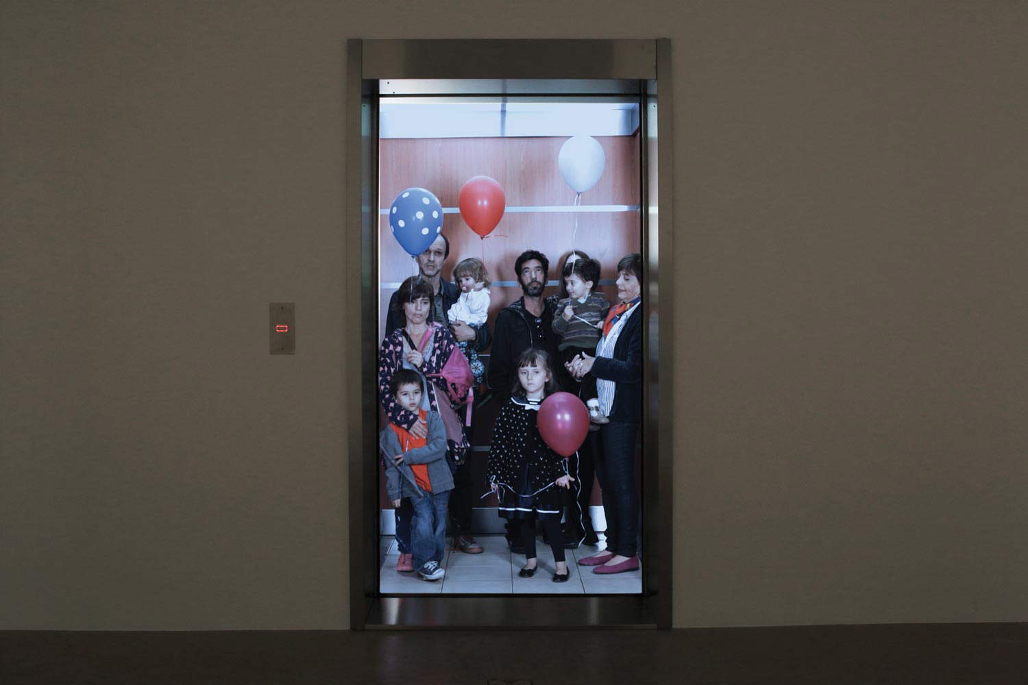 Leandro Erlich, Elevator pitch (2011; metal structure, stainless steel, automatic door, video projection, speakers, elevator button and projector, 252 x 280 x 37 cm) Leandro Erlich, Elevator pitch (2011; metal structure, stainless steel, automatic door, video projection, speakers, elevator button and projector, 252 x 280 x 37 cm)