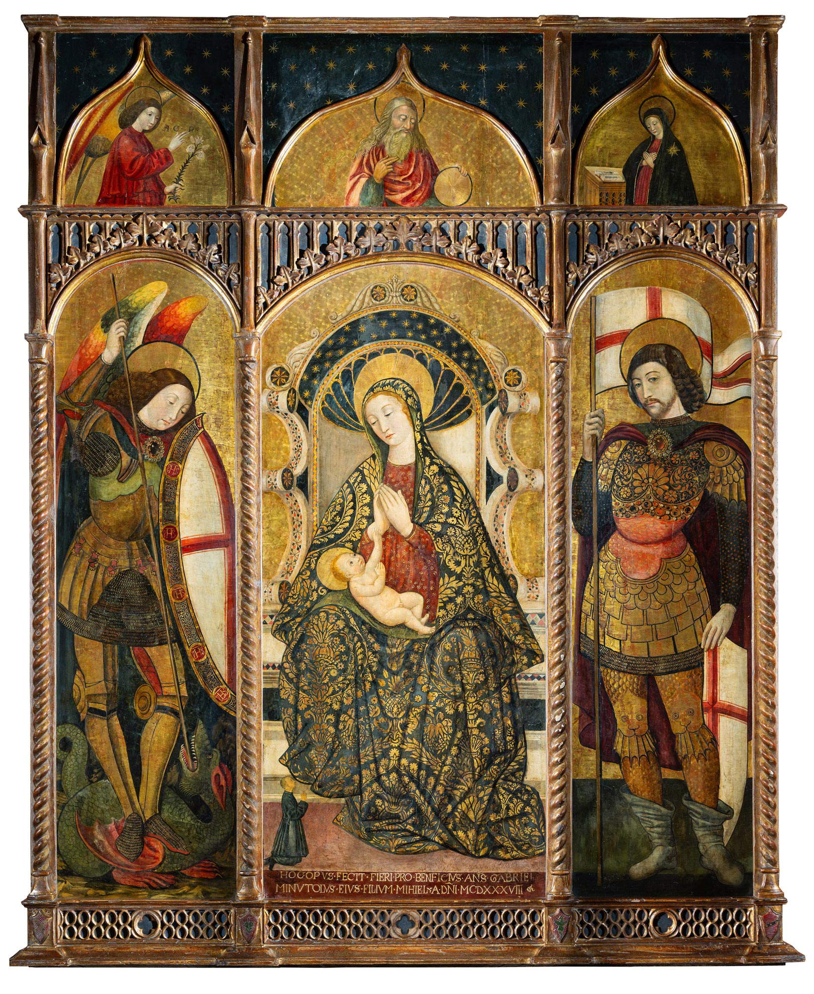 Angiolillo Arcuccio, Polyptyque représentant la Vierge à l'Enfant intronisée, deux saints, Dieu le Père et l'Annonciation (tempera et or sur panneaux de peuplier, 230 x 185 cm) Angiolillo Arcuccio, Polyptyque représentant la Vierge à l'Enfant intronisée, deux saints, Dieu le Père et l'Annonciation (tempera et or sur panneaux de peuplier, 230 x 185 cm)