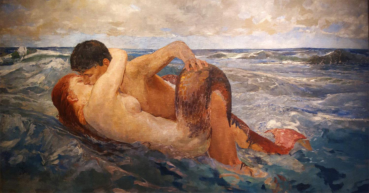Max Klinger, Tritone e Nereide (1895; olio su tela, 100 x 185 cm; Firenze, Galleria d'Arte Moderna, in deposito da Villa Romana) Max Klinger, Tritone e Nereide (1895; olio su tela, 100 x 185 cm; Firenze, Galleria d'Arte Moderna, in deposito da Villa Romana)