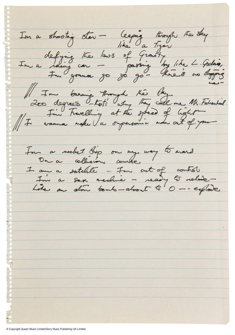 Autograph manuscript of Don't stop me now (circa 1974) Autograph manuscript of Don't stop me now (circa 1974)
