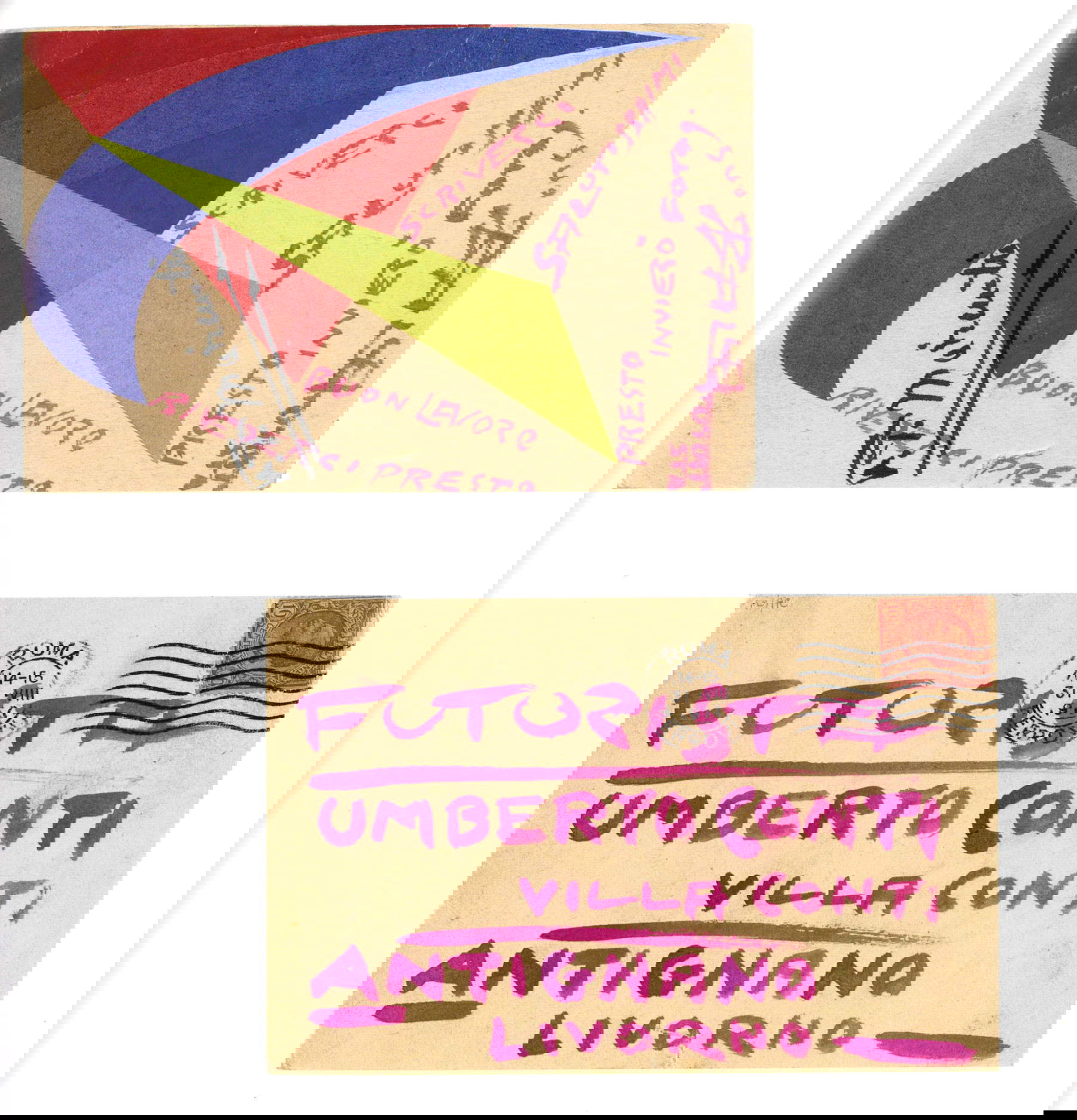 Giacomo Balla, Cartolina postale a Umberto Primo Conti futurista (1917; collage e tecnica mista su cartolina postale; Fiesole, Fondazione Primo Conti)
