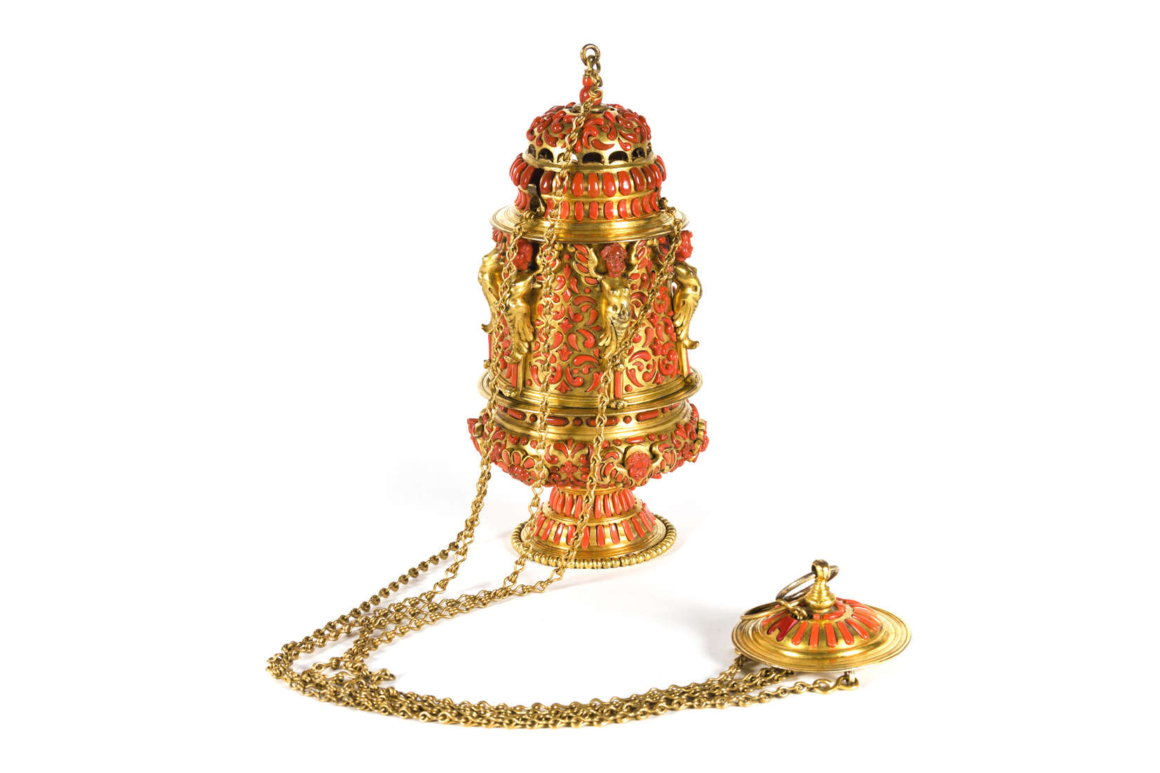 Sculpteur trapanais, brûleur d'encens (1645-1647 ; cuivre, bronze et corail, 24,5 x 10,7 x 8 cm ; Madrid, Galerie des collections royales)