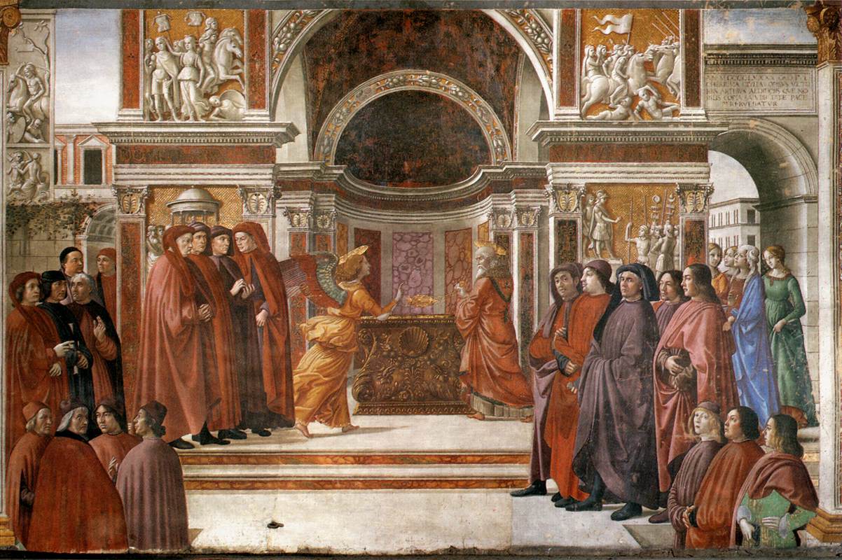 Domenico Ghirlandaio, L'annuncio a Zaccaria (1486-1490; affresco; Firenze, Santa Maria Novella, Tornabuoni-Kapelle) Domenico Ghirlandaio, L'annuncio a Zaccaria (1486-1490; affresco; Firenze, Santa Maria Novella, Tornabuoni-Kapelle)