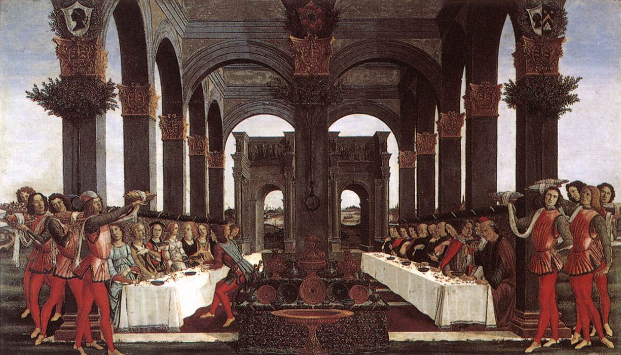 Sandro Botticelli, Geschichten des Nastagio degli Onesti, vierte Episode (1483; Öl auf Tafel, 83 x 142 cm; Florenz, Palazzo Pucci) Sandro Botticelli, Geschichten des Nastagio degli Onesti, vierte Episode (1483; Öl auf Tafel, 83 x 142 cm; Florenz, Palazzo Pucci)