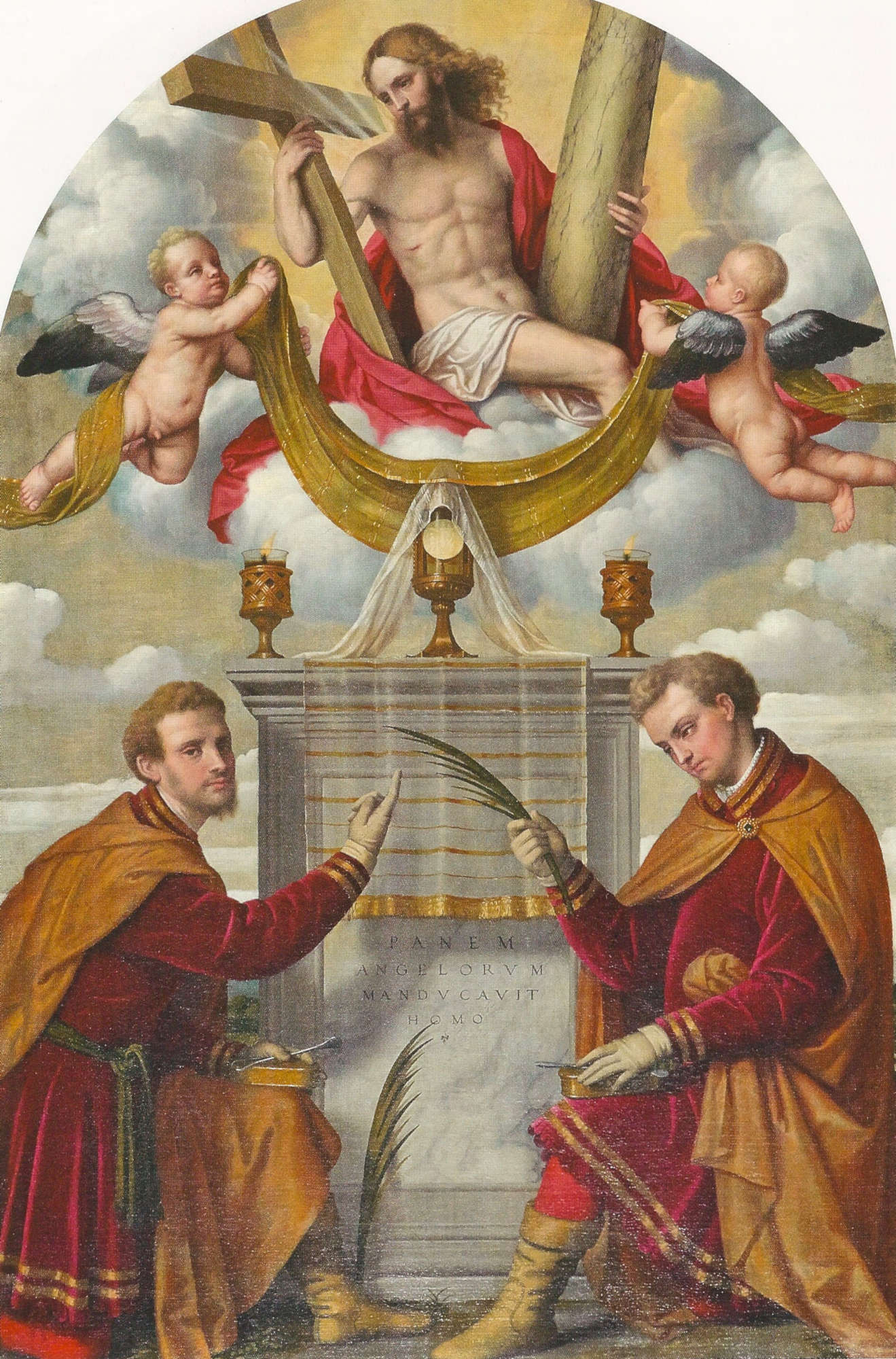 Moretto da Brescia, Der eucharistische Christus mit den heiligen Cosma und Damian (um 1540; Brescia, Kirche der Heiligen Cosma und Damian in Marmentino)