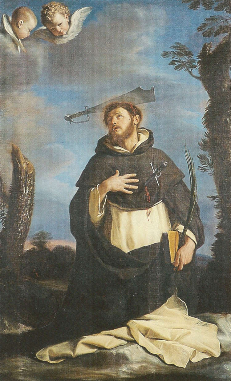 Guercino, Saint Peter the Martyr (1647; oil on canvas, 218 x 136 cm; Bologna, Pinacoteca Nazionale)