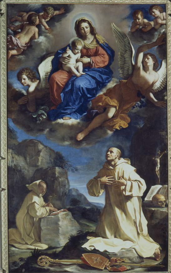 Guercino, Saint Bruno in Adoration of the Madonna and Child in Glory (1647; oil on canvas, 388 x 235 cm; Bologna, Pinacoteca Nazionale)