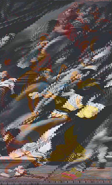 Cagli, Iglesia de San Nicol&ograve;, Gaetano Lapis, detalle de La Madonna del Rosario e San Domenico (1739), pintura sobre lienzo.