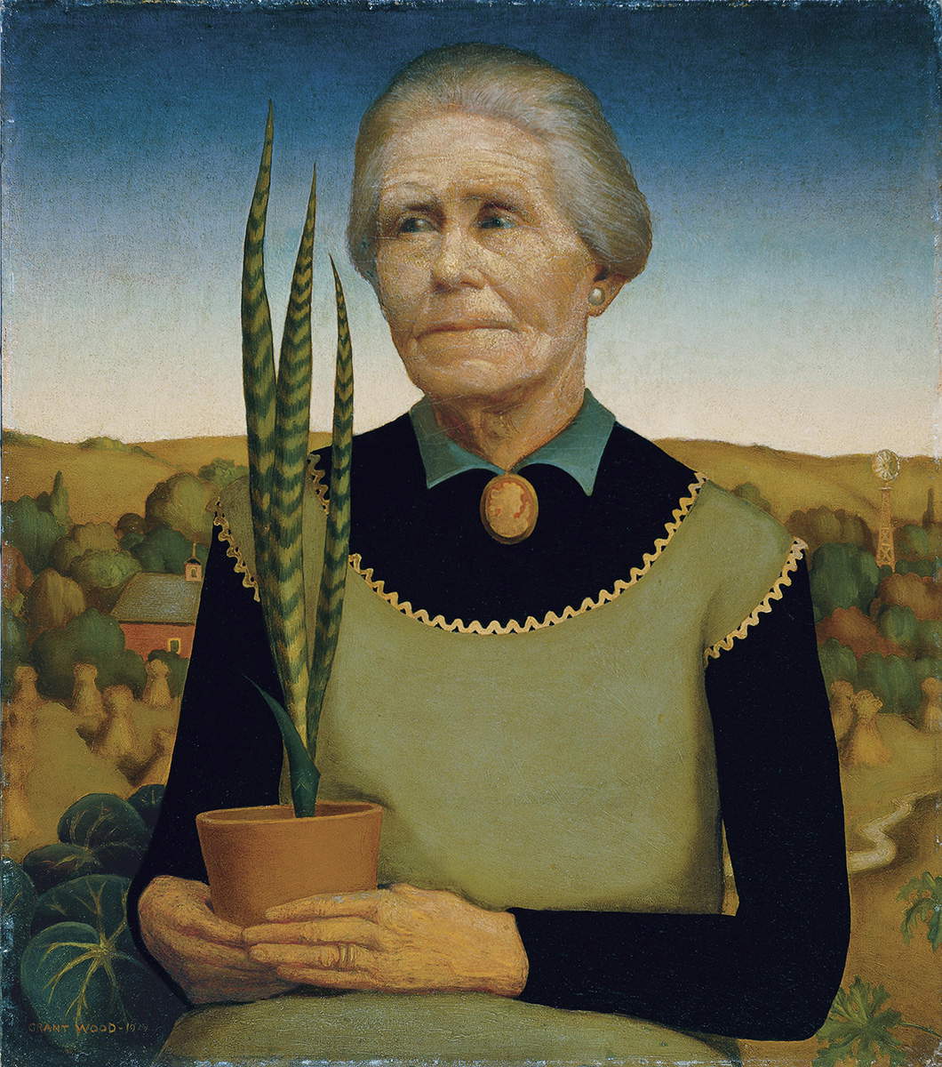 Grant Wood, Woman with Plants (1929; oil on panel, 52 x 45.4 cm; Cedar Rapids, Museum of Art) Grant Wood, Woman with Plants (1929; oil on panel, 52 x 45.4 cm; Cedar Rapids, Museum of Art)