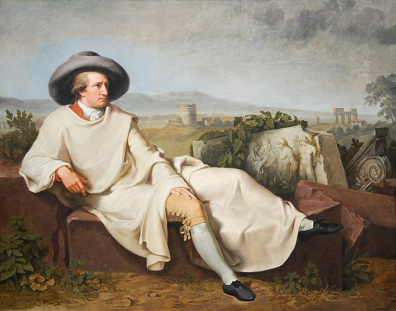 Johann Heinrich Wilhelm Tischbein, Goethe nella campagna romana (1787; olio su tela, 164 x 206 cm; Francoforte, Städel Museum) Johann Heinrich Wilhelm Tischbein, Goethe nella campagna romana (1787; olio su tela, 164 x 206 cm; Francoforte, Städel Museum)
