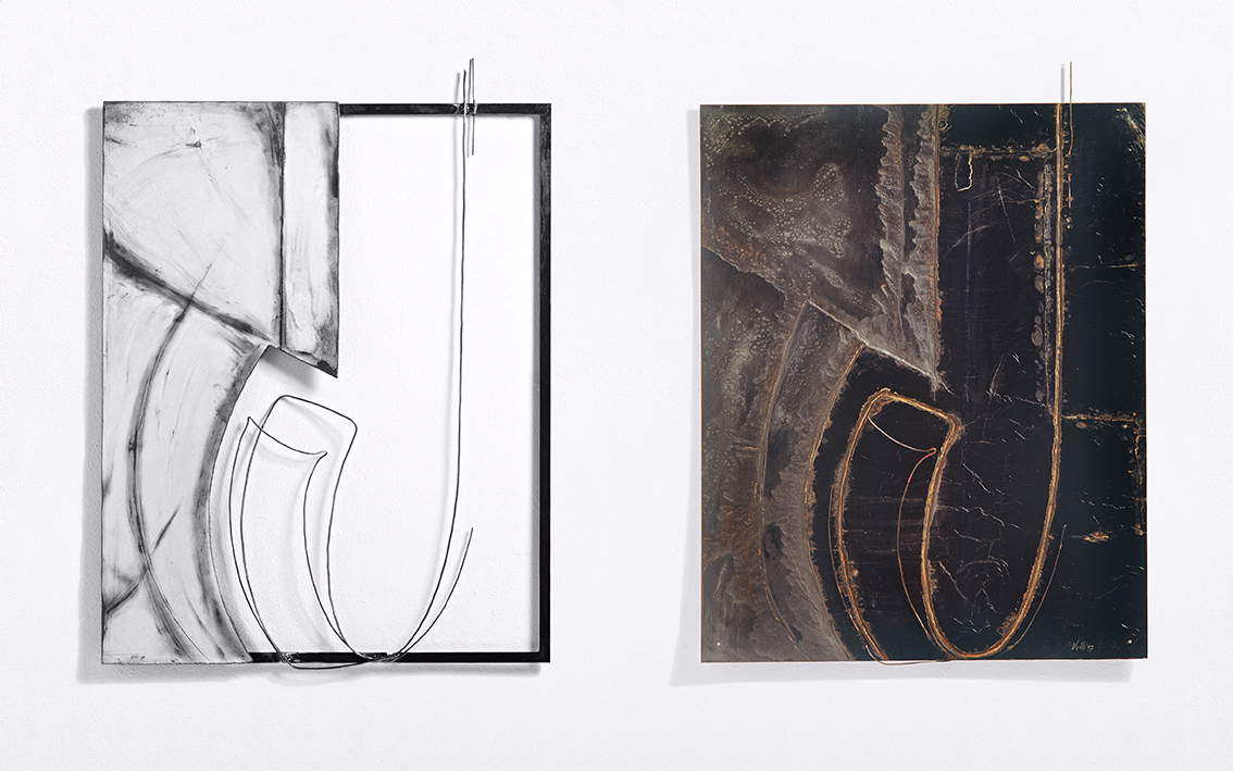 Valdi Spagnulo, Wandering Sign (1997; iron, wood, papers, enamel, graphite, copper, fire, wall, 110 x 160 cm, diptych). Photo: A. Valentini