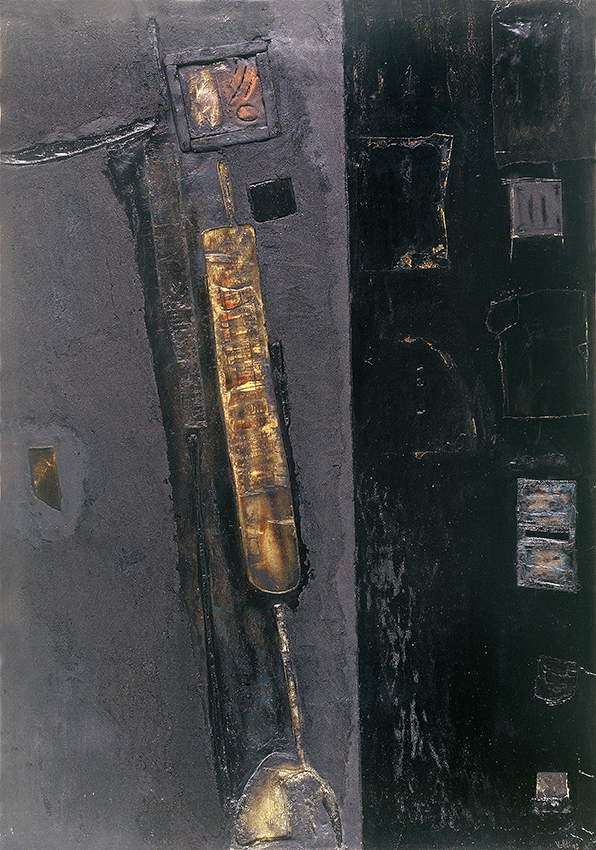 Valdi Spagnulo, Black Mirror (1991; paper, enamel, sand, graphite, copper, fire on wood, 200 x 140 cm). Photo: B. Zanzottera