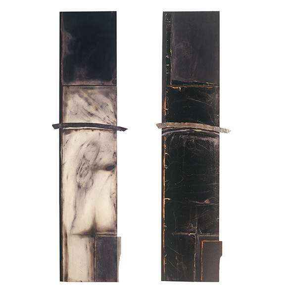 Valdi Spagnulo, Verticals 1 2 (1993; papers, enamel, graphite, lead, fire on wood, 140 x 80 cm, diptych). Photo: B. Zanzottera