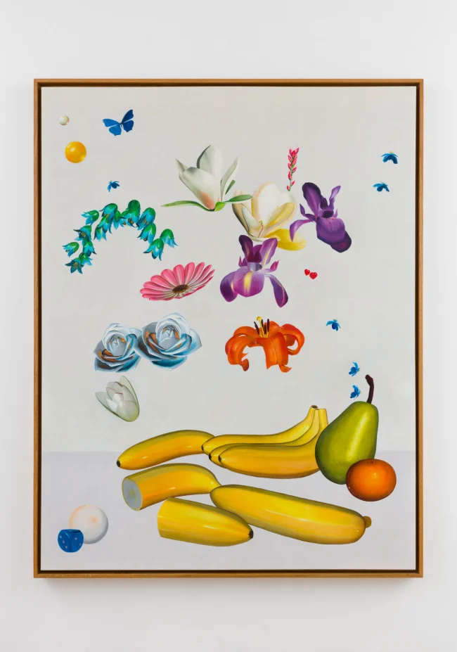 Marius Steiger, Still Life (Toys, Fruits, Blossoms, Hearts, Butterfly and Spheres) (2023; oil and acrylic on linen, 200 x 155 cm) Marius Steiger, Still Life (Toys, Fruits, Blossoms, Hearts, Butterfly and Spheres) (2023; oil and acrylic on linen, 200 x 155 cm)