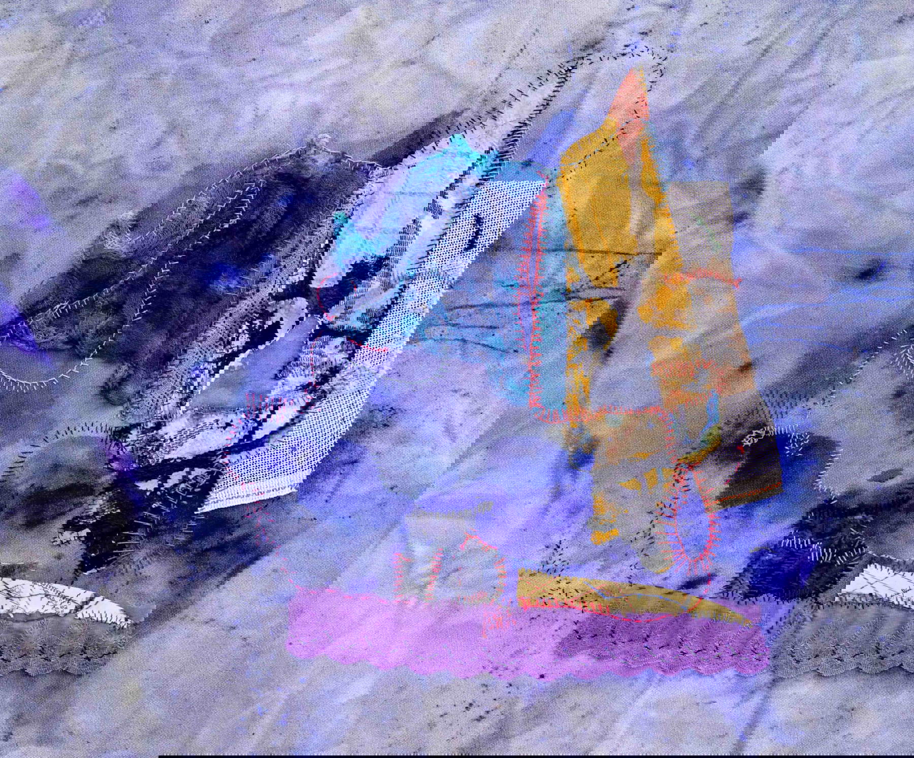 Shamilla Aasha, Indelible Marks 2 (2023; embroidery, ink and collage on canvas, 38 x 58 cm) Shamilla Aasha, Indelible Marks 2 (2023; embroidery, ink and collage on canvas, 38 x 58 cm)
