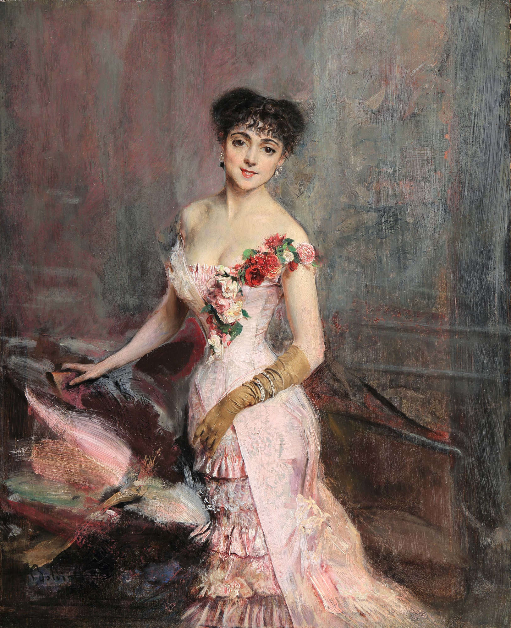 Giovanni Boldini, Die Dame mit dem Handschuh (Öl auf Tafel, 46,3 x 37,6 cm). Präsentiert von Enrico Gallerie d'Arte