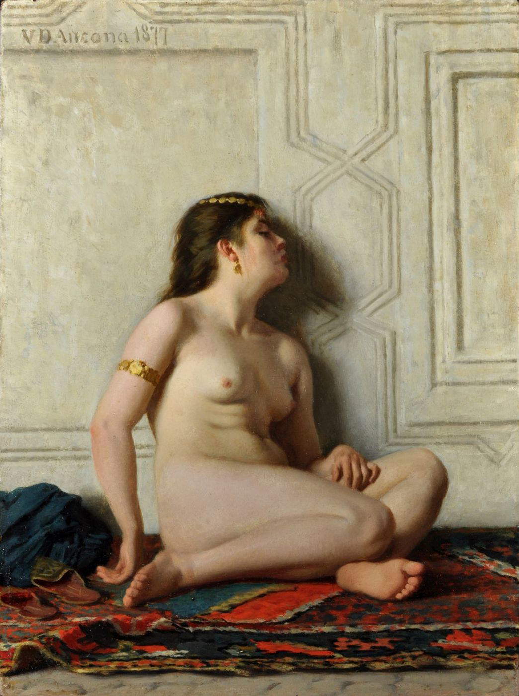 Vito d'Ancona, Sitzende Odaliske (1877; Öl auf Tafel, 32 x 23,7 cm). Präsentiert von Studiolo Fine Art