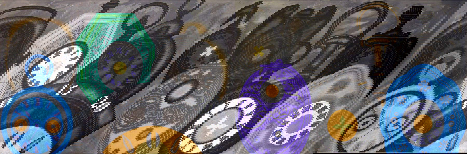 Concetto Pozzati, Tempo sospeso (2008-2009; acrylic, oil and enamel on canvas, 200 x 600 cm). Courtesy of the Concetto Pozzati Archive