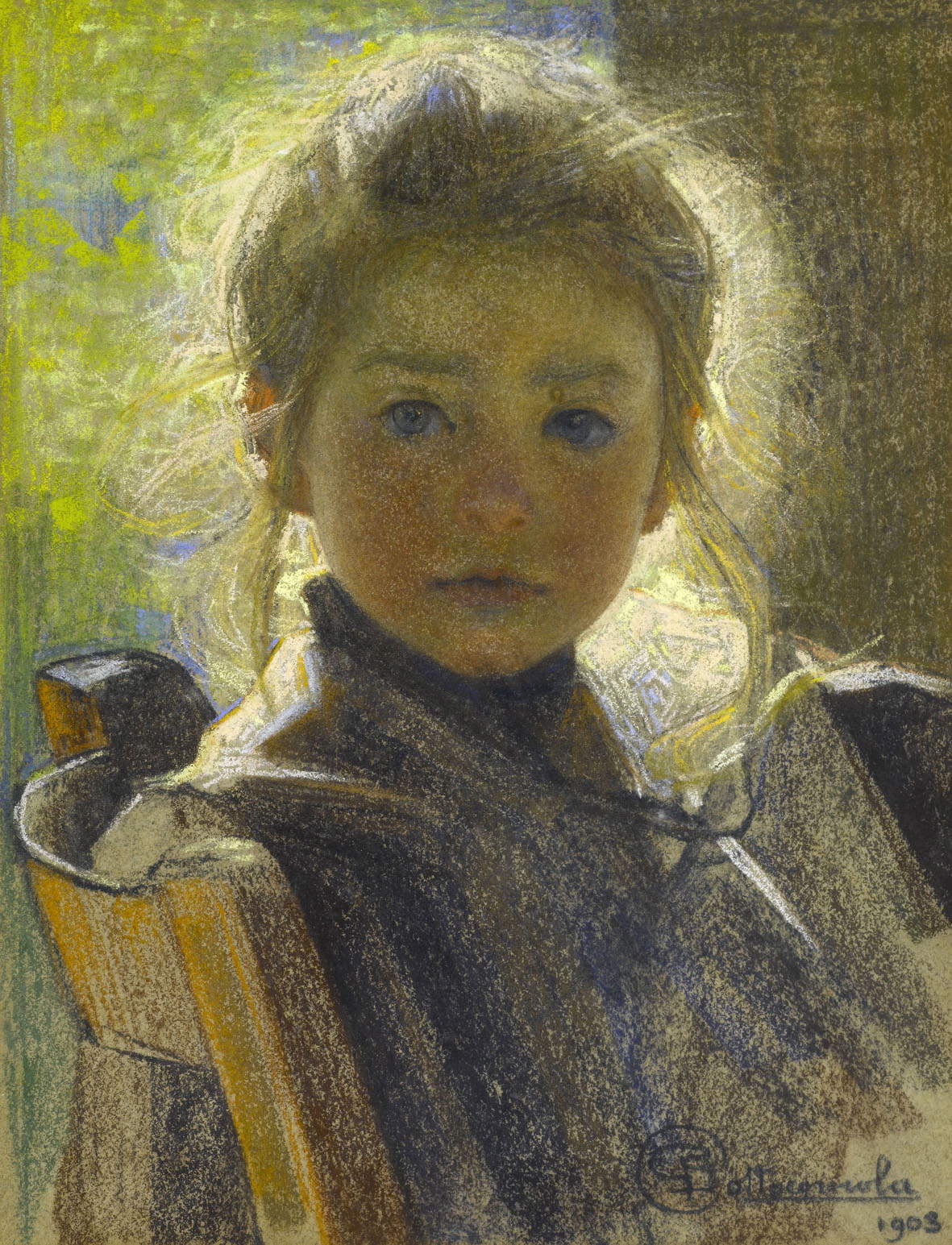 Giovanni Sottocorniola, Mariuccia (1903; pastello su carta applicata su tela, 570 x 420 mm; Milano, Castello Sforzesco, Gabinetto dei Disegni) Giovanni Sottocorniola, Mariuccia (1903; pastello su carta applicata su tela, 570 x 420 mm; Milano, Castello Sforzesco, Gabinetto dei Disegni)