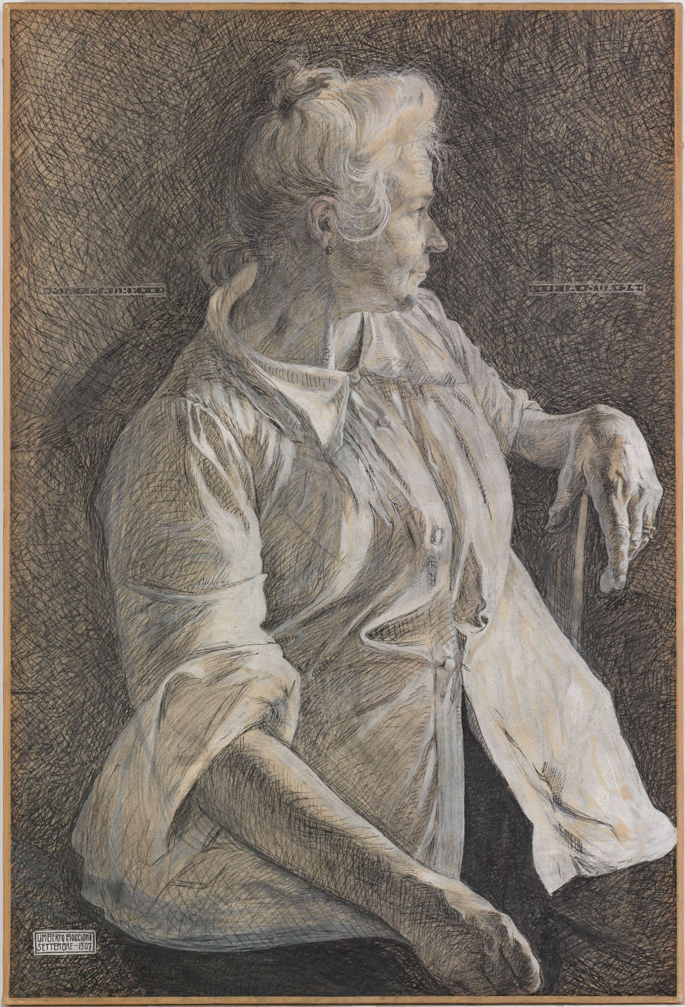 Umberto Boccioni, Mia madre (1907; grafite, acquerello e inchisotro su carta applicato su tela, 650 x 440 mm; Collezione privata) Umberto Boccioni, Mia madre (1907; grafite, acquerello e inchisotro su carta applicato su tela, 650 x 440 mm; Collezione privata)