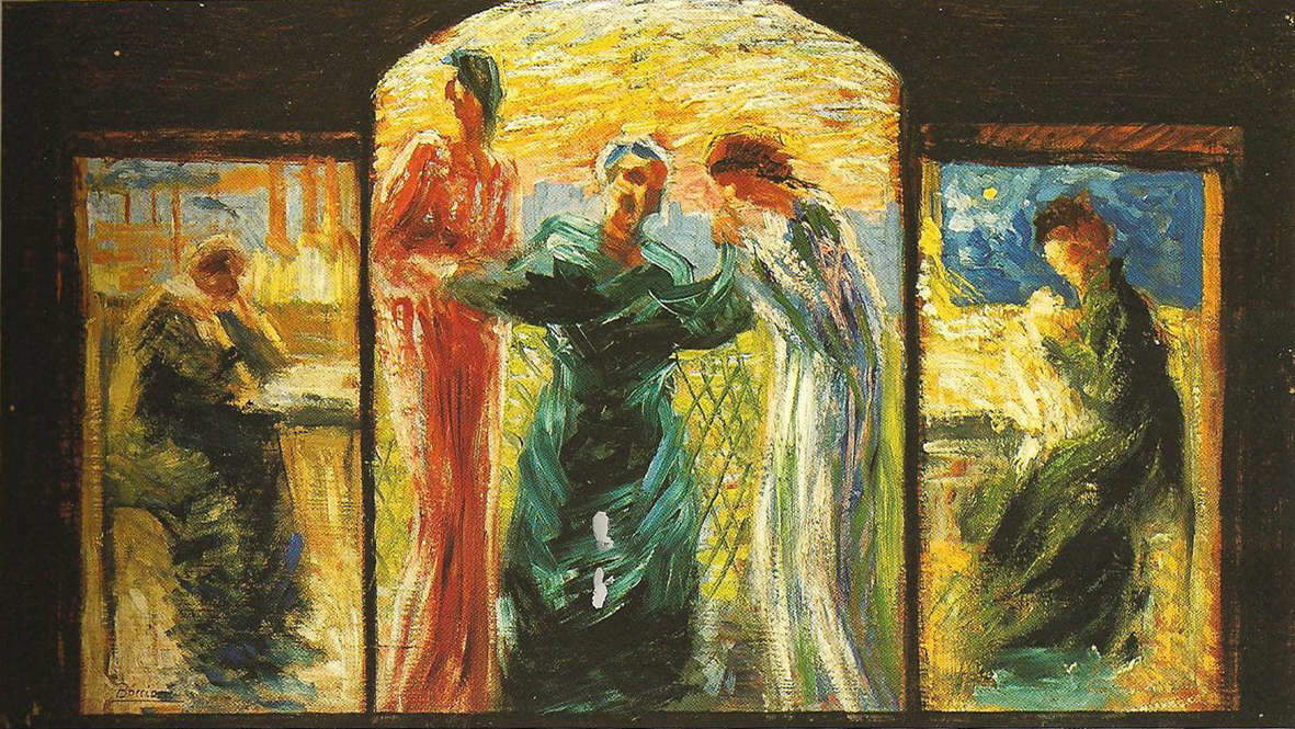 Umberto Boccioni, Bozzetto per Veneriamo la madre (1907-1908; olio su tavola, 27 x 56 cm; Milano, Collezione privata) Umberto Boccioni, Bozzetto per Veneriamo la madre (1907-1908; olio su tavola, 27 x 56 cm; Milano, Collezione privata)