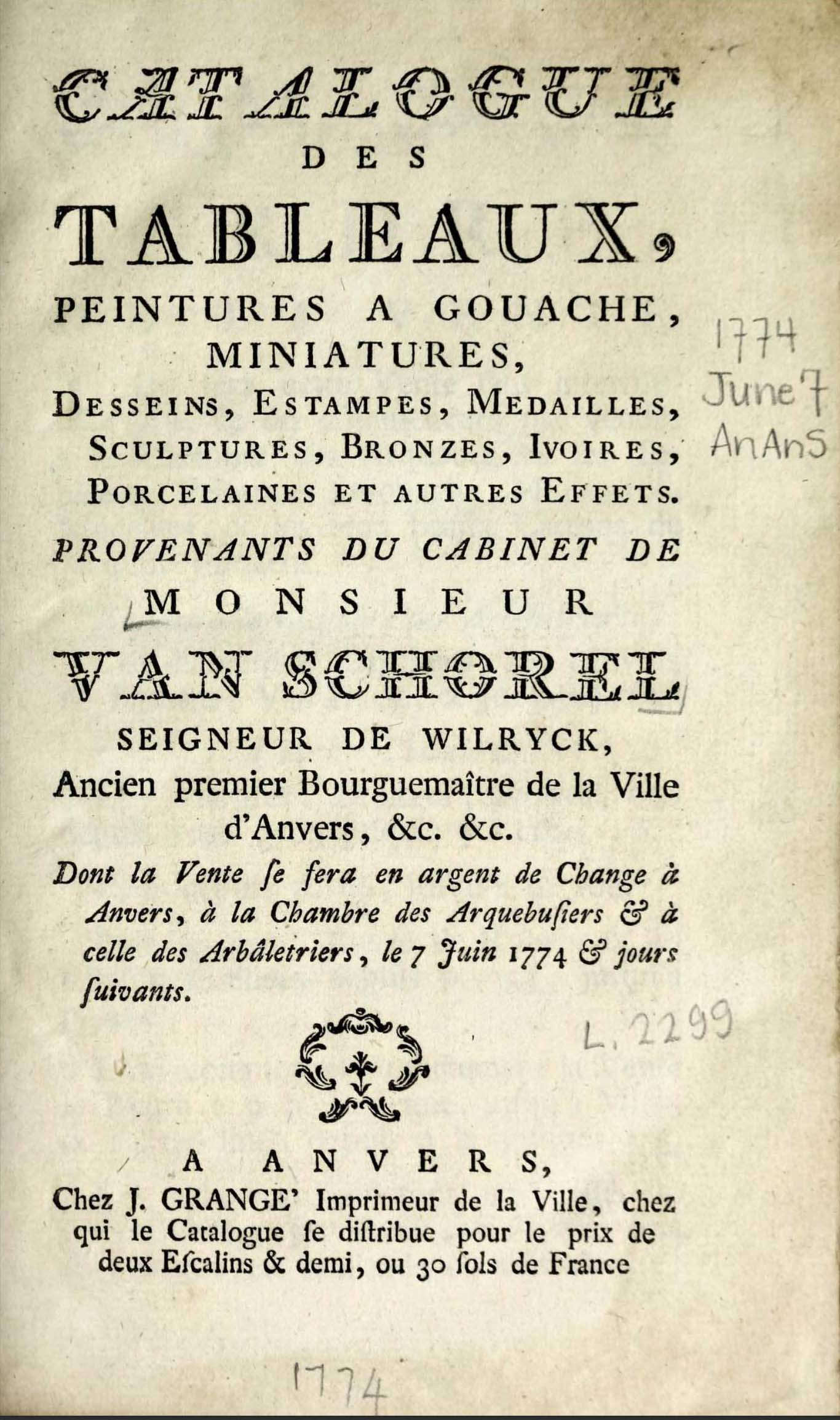 Frontespizio del catalogo della Collezione Van Schorel Frontespizio del catalogo della Collezione Van Schorel