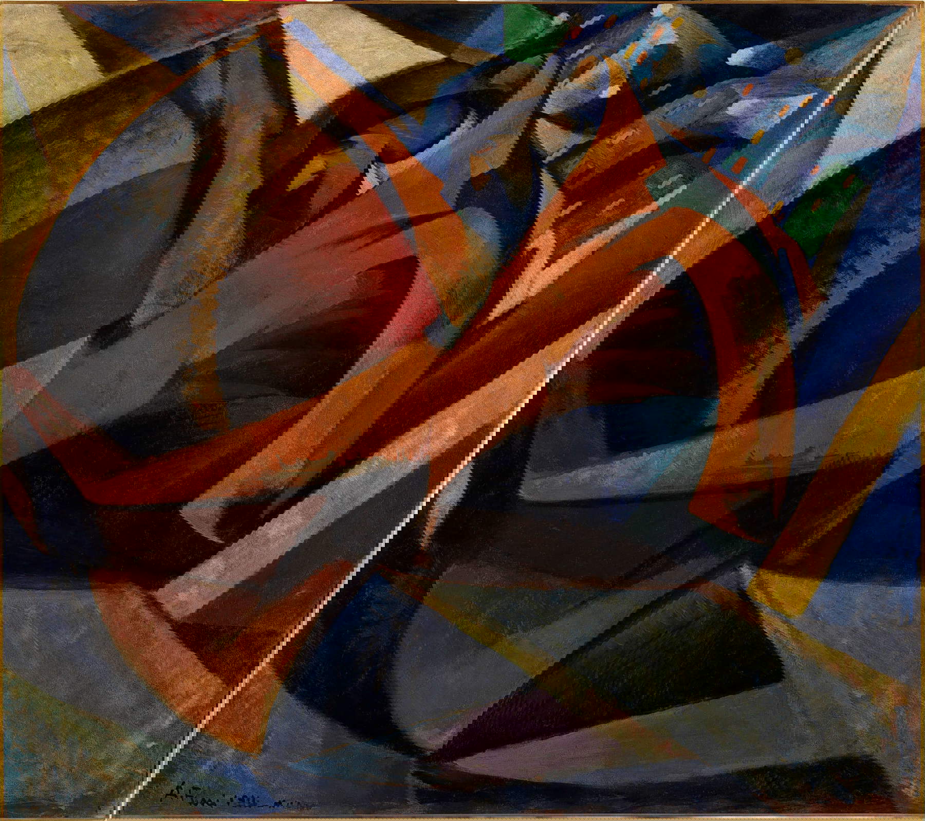 Achille Funi, Mann steigt aus der Straßenbahn (1914; Öl auf Leinwand, 117,5 x 132 cm; Mailand, Museo del Novecento) Achille Funi, Mann steigt aus der Straßenbahn (1914; Öl auf Leinwand, 117,5 x 132 cm; Mailand, Museo del Novecento)