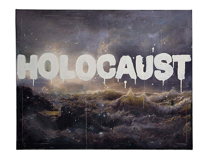 Mario Consiglio, Holocaust (2018; Emaille auf Leinwand, Reproduktion des romantischen Malers Andrea Achenbach, Küste von Sizilien, 1847)