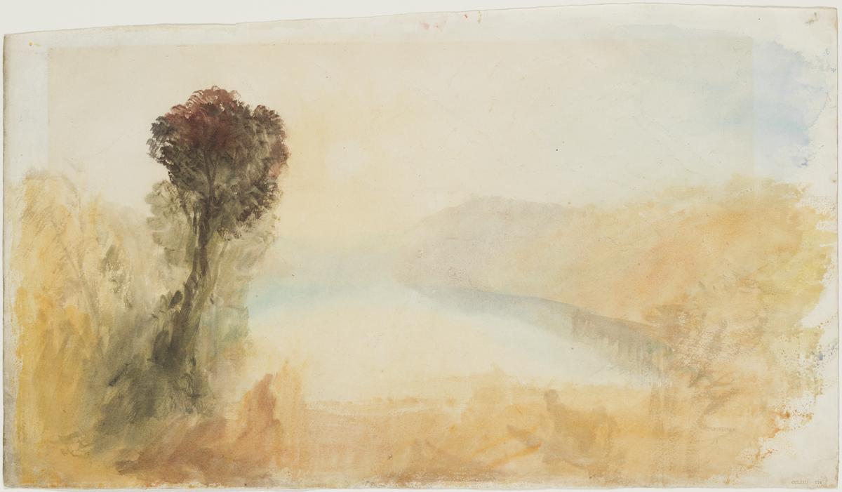 Joseph Mallord William Turner, Albano Lake (1828; watercolor on paper, 29.2 x 51.2 mm; London, Tate) Joseph Mallord William Turner, Albano Lake (1828; watercolor on paper, 29.2 x 51.2 mm; London, Tate)