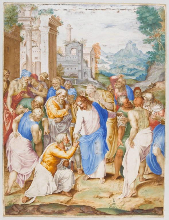Giulio Clovio, Le Christ remettant les cl&eacute;s à saint Pierre (1598 ; miniature sur parchemin, 384 x 292 mm ; Paris, Mus&eacute;e du Louvre, D&eacute;partement des Arts Graphiques, inv. 3044)