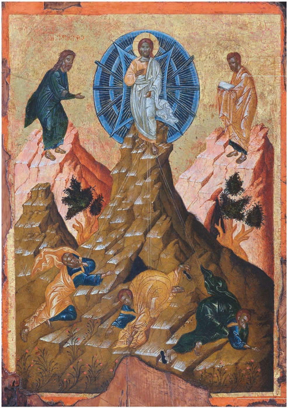 École crétoise, Icône de la Transfiguration (première moitié du XVIe siècle ; tempera et feuille d'or sur panneau, 49,5 x 35,5 cm ; Madrid, collection Francisco Bocanegra)
