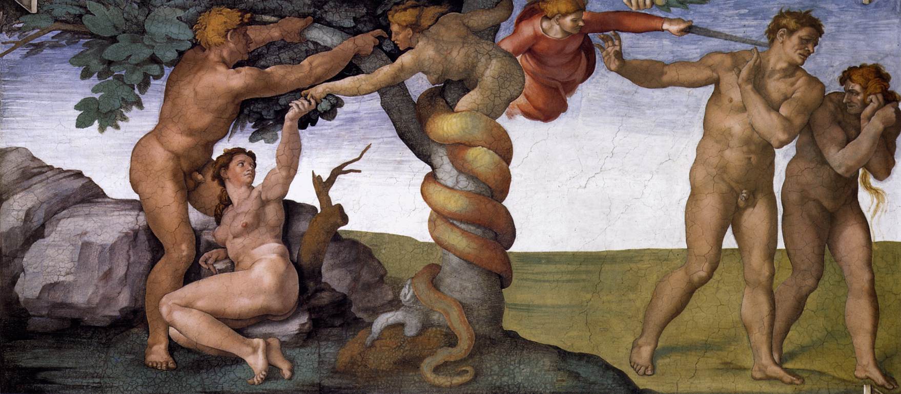 Michelangelo, Peccato originale e cacciata dal Paradiso terrestre (1508-1512; affresco, 280 x 570 cm; Città del Vaticano, Cappella Sistina) Michelangelo, Peccato originale e cacciata dal Paradiso terrestre (1508-1512; affresco, 280 x 570 cm; Città del Vaticano, Cappella Sistina)