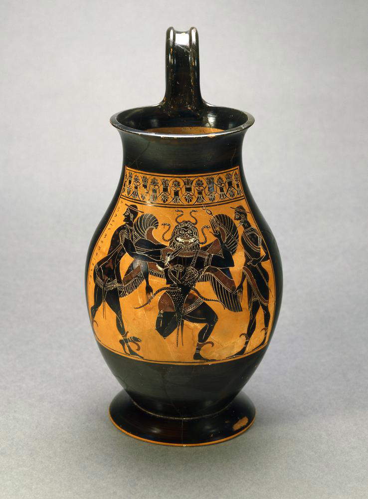 Pittore di Amasis (attribuito), Olpe con Perseo che uccide Medusa (550-530 a.C. circa; ceramica a figure nere, 25,5 x 14,5 cm; Londra, British Museum) Pittore di Amasis (attribuito), Olpe con Perseo che uccide Medusa (550-530 a.C. circa; ceramica a figure nere, 25,5 x 14,5 cm; Londra, British Museum)