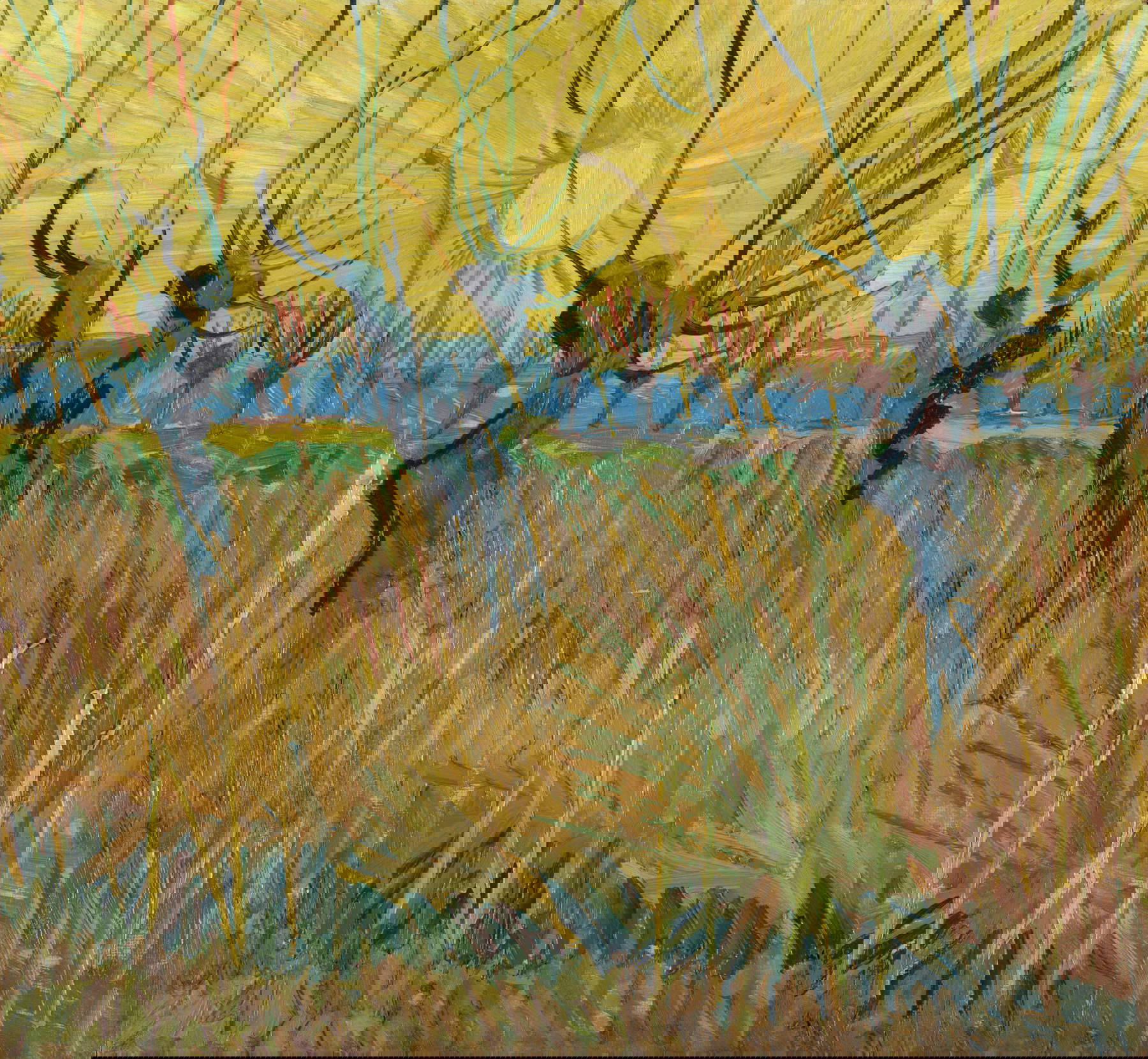 Vincent van Gogh, Saules au coucher du soleil (Arles, mars 1888 ; huile sur toile appliquée sur carton, 31,6 x 34,3 cm ; Otterlo, Kröller-Müller Museum, inv. KM 107.313) Vincent van Gogh, Saules au coucher du soleil (Arles, mars 1888 ; huile sur toile appliquée sur carton, 31,6 x 34,3 cm ; Otterlo, Kröller-Müller Museum, inv. KM 107.313)