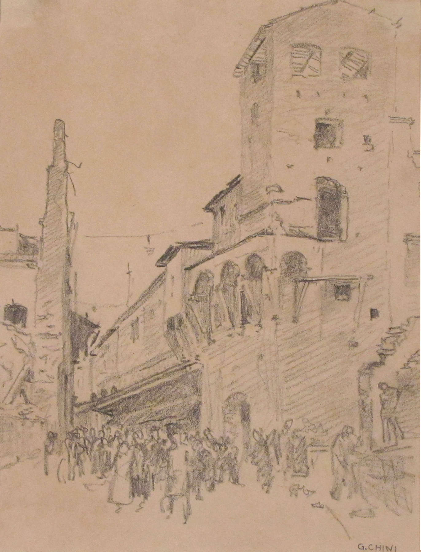 Galileo Chini, Ponte Vecchio, Ruins of Florence (1944-1945; pencil on paper, 265 x 203 mm; Montecatini Terme, Fondazione ViVal Banca - Accademia d'Arte D. Scalabrino) Galileo Chini, Ponte Vecchio, Ruins of Florence (1944-1945; pencil on paper, 265 x 203 mm; Montecatini Terme, Fondazione ViVal Banca - Accademia d'Arte D. Scalabrino)