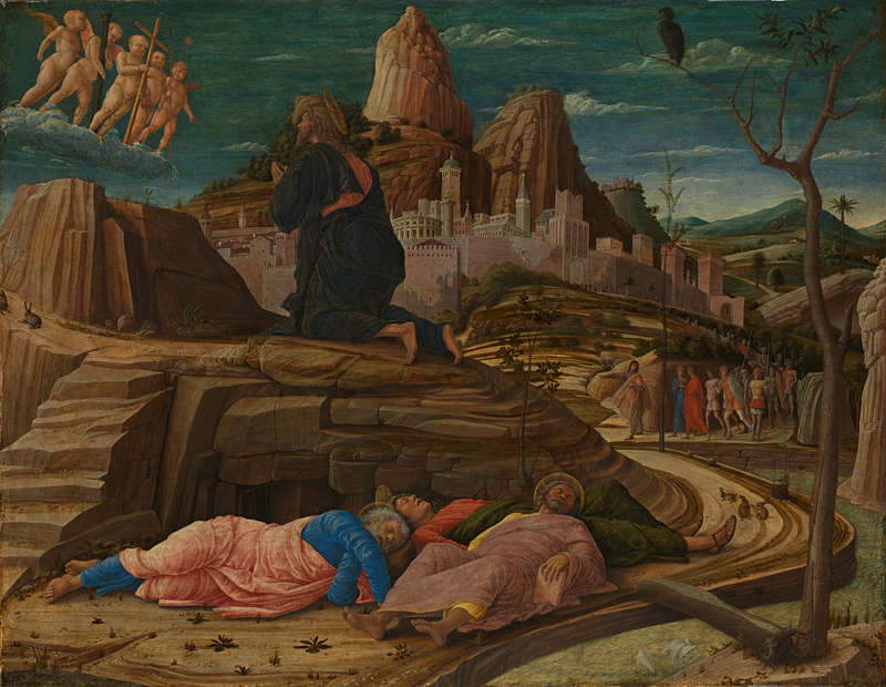 Andrea Mantegna, Oraison dans le jardin (1455-1456 ; tempera sur panneau, 62,9 x 80 cm ; Londres, National Gallery) Andrea Mantegna, Oraison dans le jardin (1455-1456 ; tempera sur panneau, 62,9 x 80 cm ; Londres, National Gallery)
