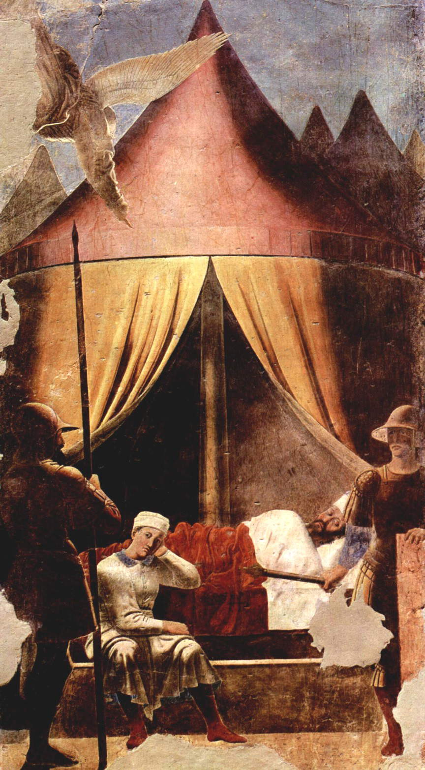Piero della Francesca, Traum des Konstantin (1452-1466; Fresko, 329 x 190 cm; Arezzo, San Francesco, Bacci-Kapelle) Piero della Francesca, Traum des Konstantin (1452-1466; Fresko, 329 x 190 cm; Arezzo, San Francesco, Bacci-Kapelle)