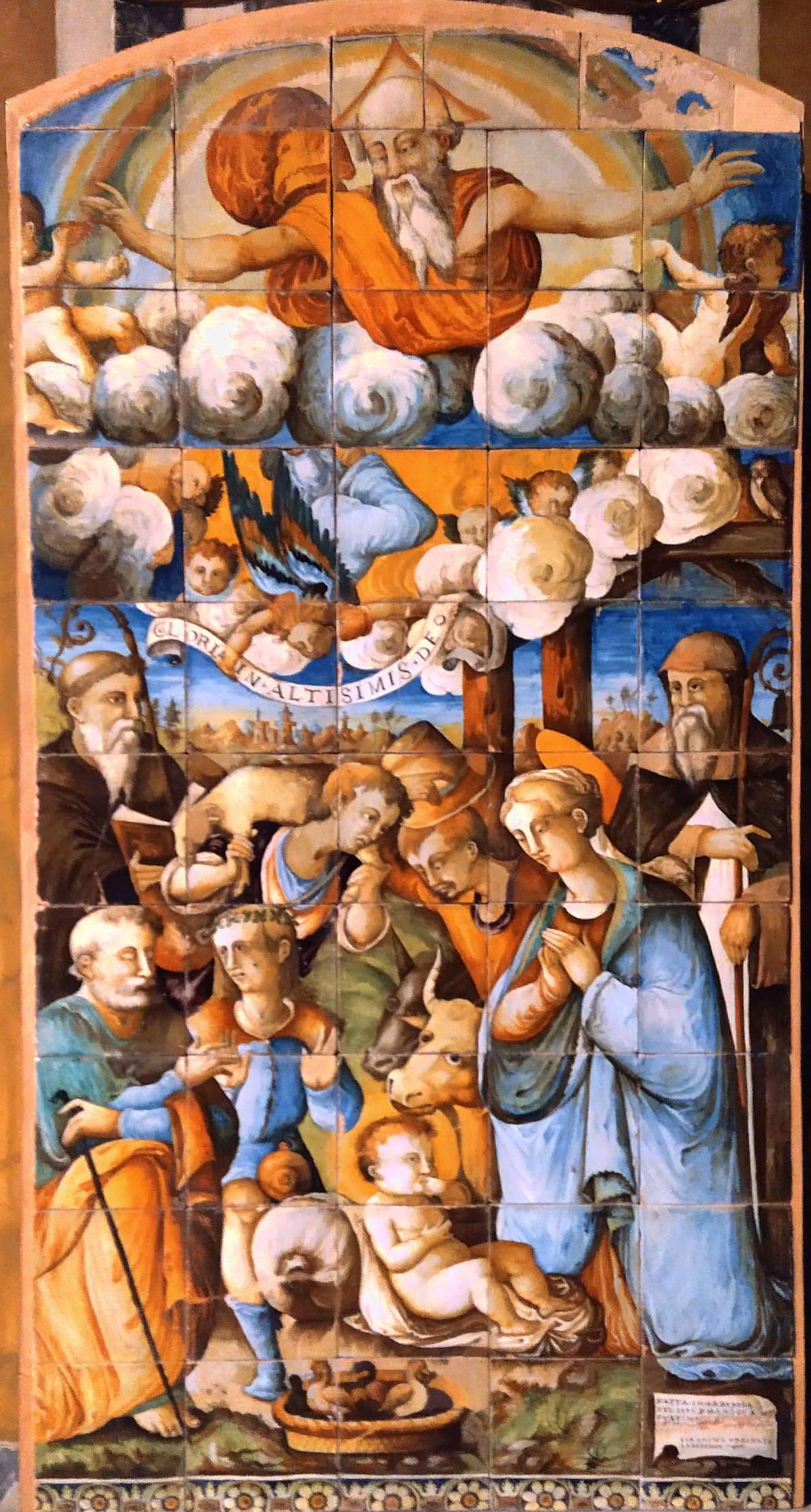 Agostino da Albissola e Gerolamo Urbinate, Adorazione dei pastori (1576; maiolica; Albissola Marina, Nostra Signora della Concordia) Agostino da Albissola e Gerolamo Urbinate, Adorazione dei pastori (1576; maiolica; Albissola Marina, Nostra Signora della Concordia)