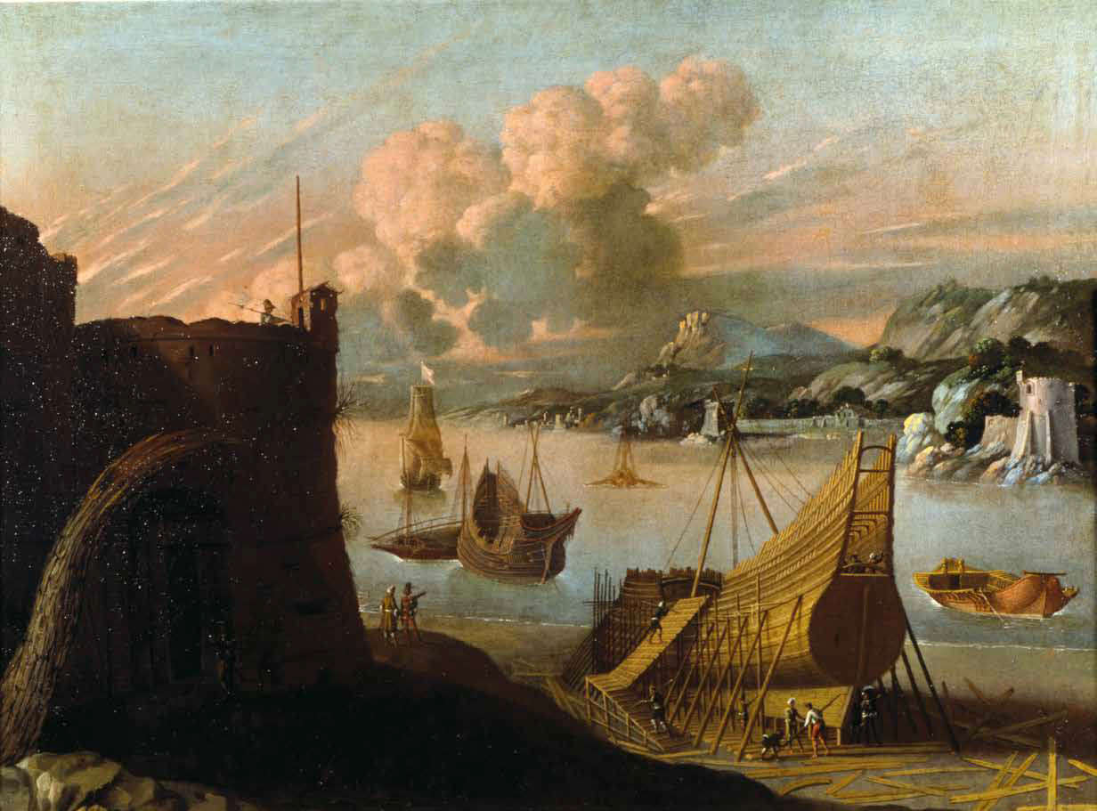 Agostino Tassi, Construction d'un galion (vers 1605 ; huile sur toile, 76 &times; 105 cm ; Gênes, Galata Museo del Mare - Mu.MA - Istituzione Musei del Mare e delle Migrazioni)
