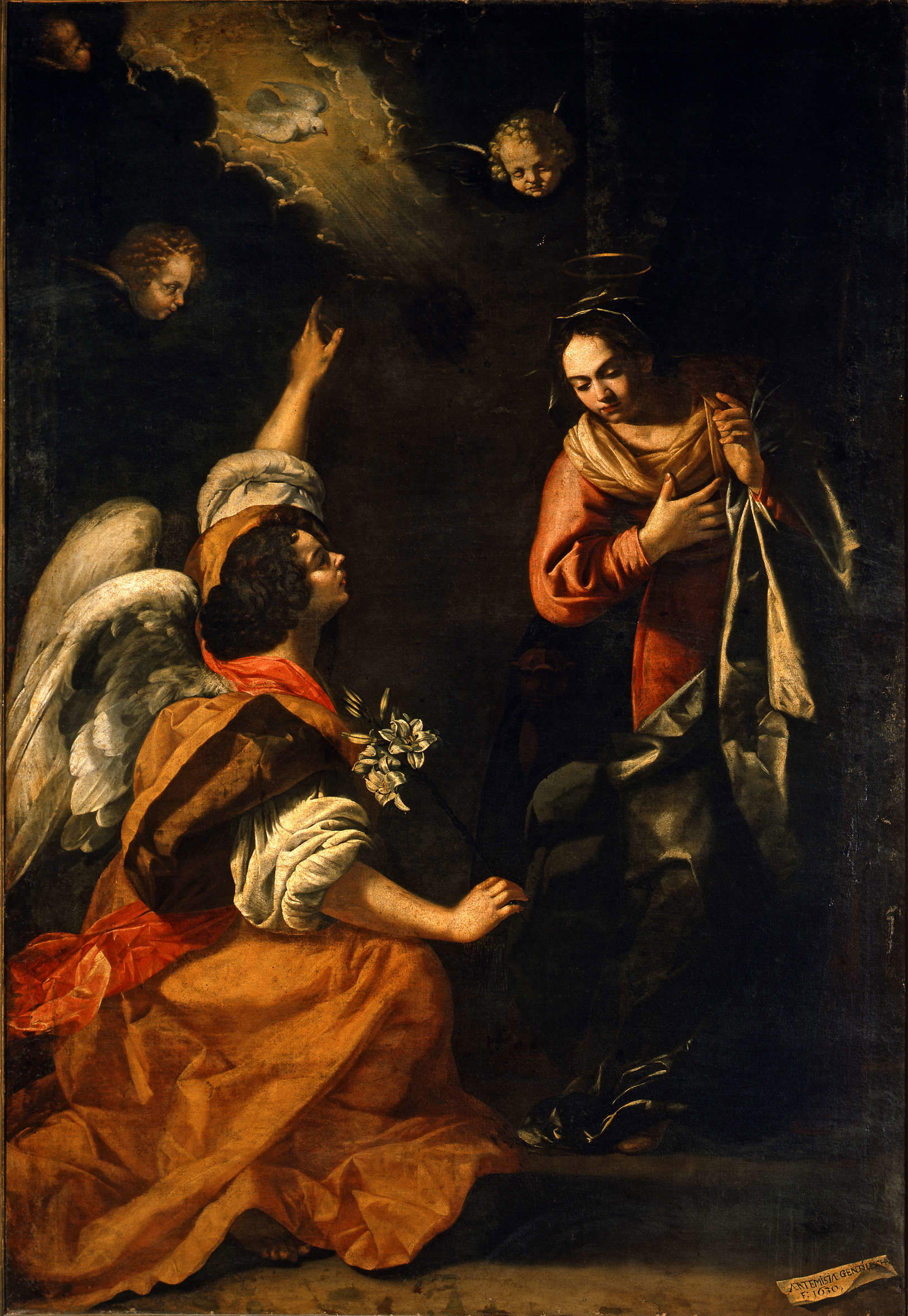 Artemisia Gentileschi, Annonciation (1630 ; huile sur toile, 257 &times; 179 cm ; Naples, Museo e Real Bosco di Capodimonte, inv. Q375)