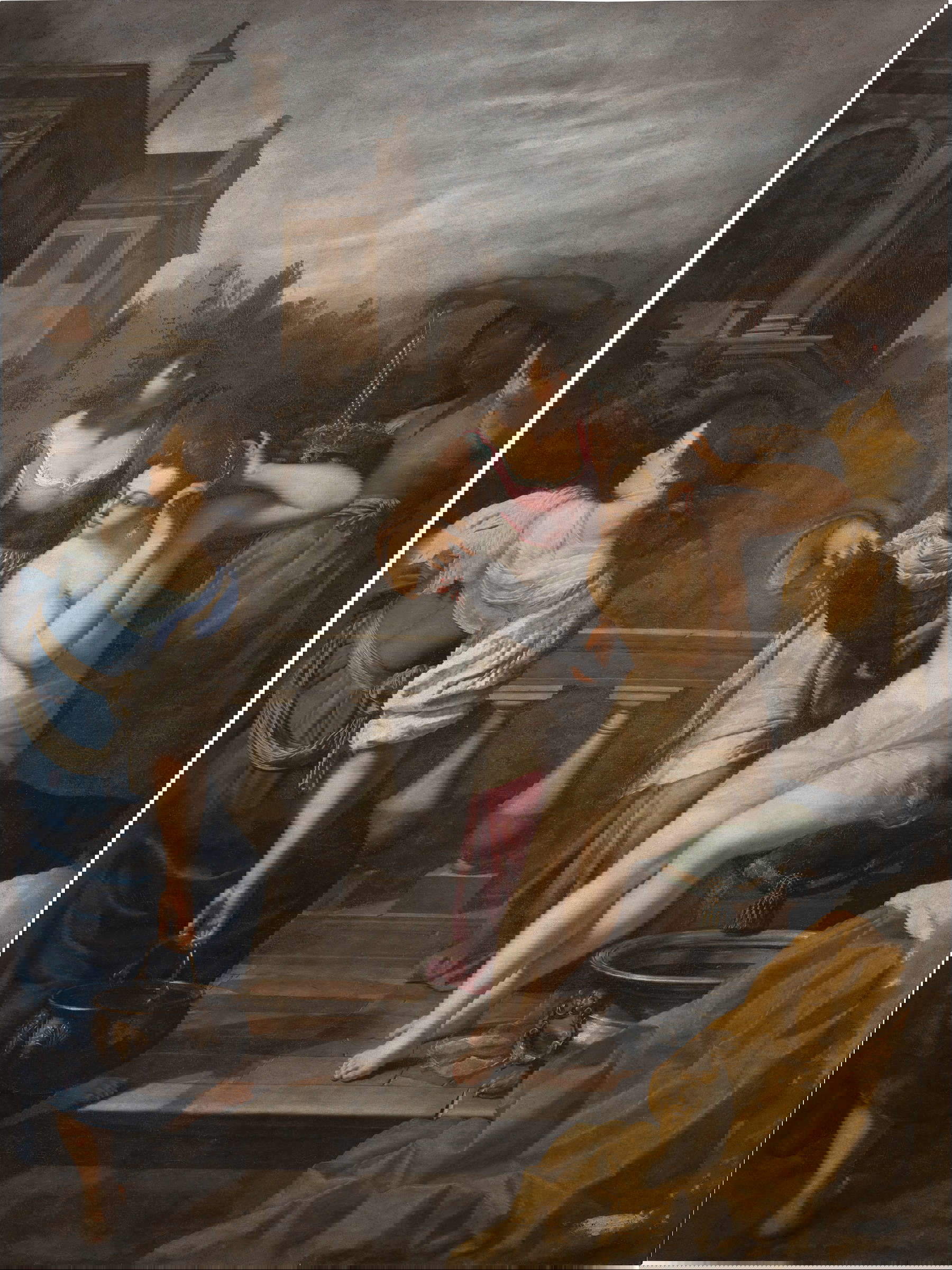 Artemisia Gentileschi, Bethsabée à son bain (1635 ou 1652 ; huile sur toile, 286 &times; 214 cm ; Florence, galeries des Offices, galerie Palatine, salle Bérénice, inv. objets d'art Pitti 1911, n° 1803)