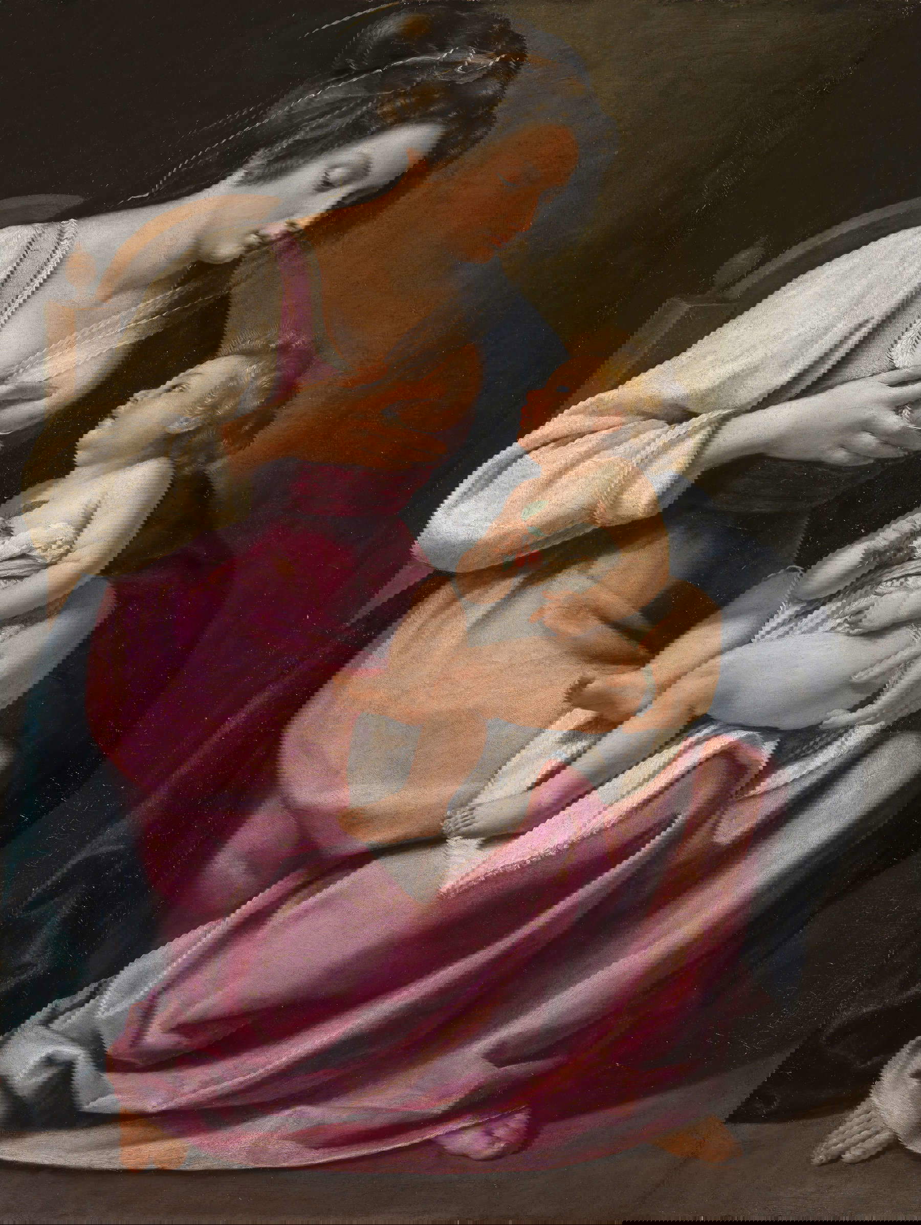 Artemisia Gentileschi ou Giovanni Francesco Guerrieri, Vierge à l'enfant (vers 1616-1618 ; huile sur toile, 118 &times; 86 cm ; Florence, Galeries des Offices, Palazzo Pitti, Galerie Palatine, inv. 1890, n° 2129)