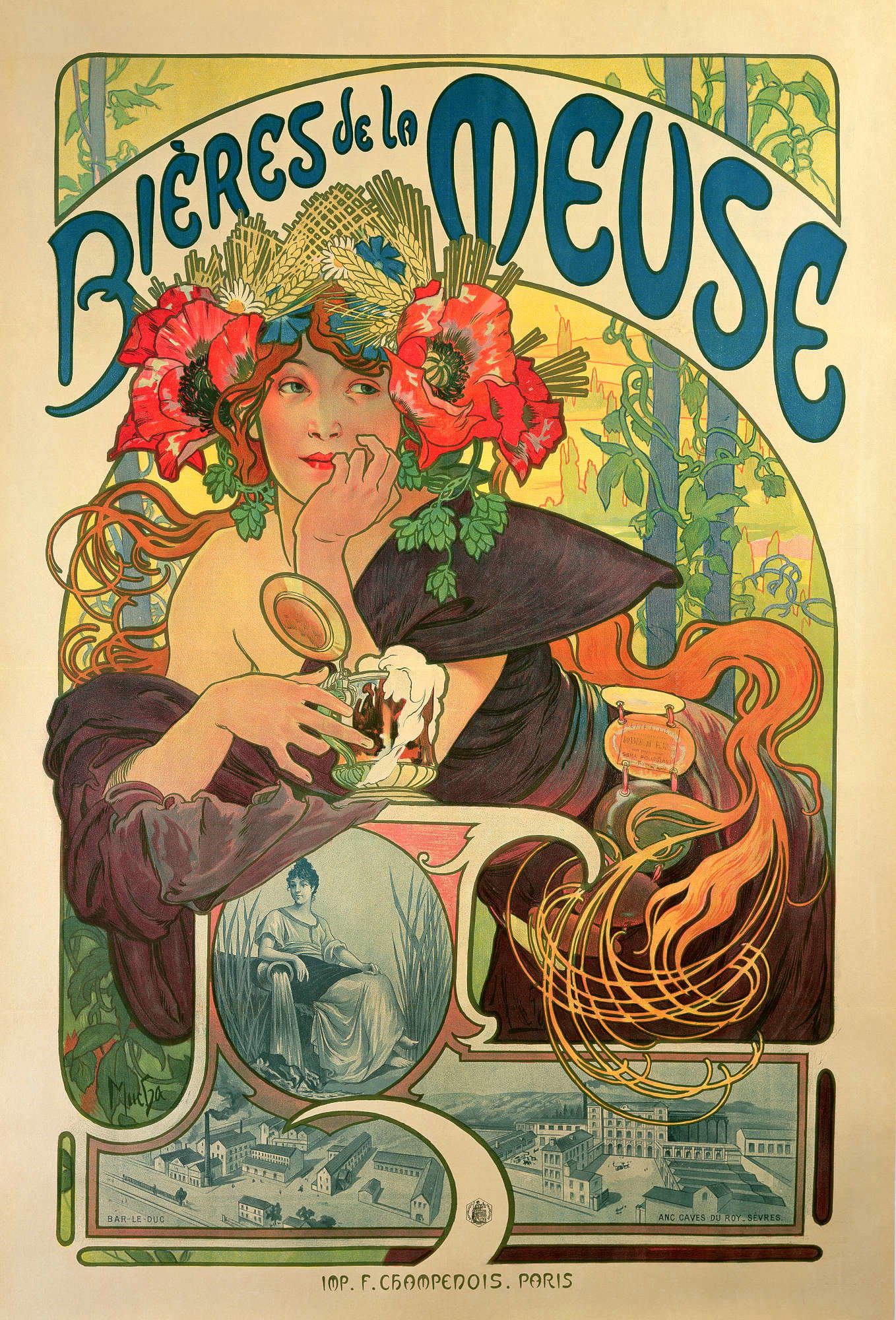 Alfons Mucha, Bières de la Meuse (1897; litografía en color, 154,5x104,5 cm) © Mucha Trust 2023 Alfons Mucha, Bières de la Meuse (1897; litografía en color, 154,5x104,5 cm) © Mucha Trust 2023