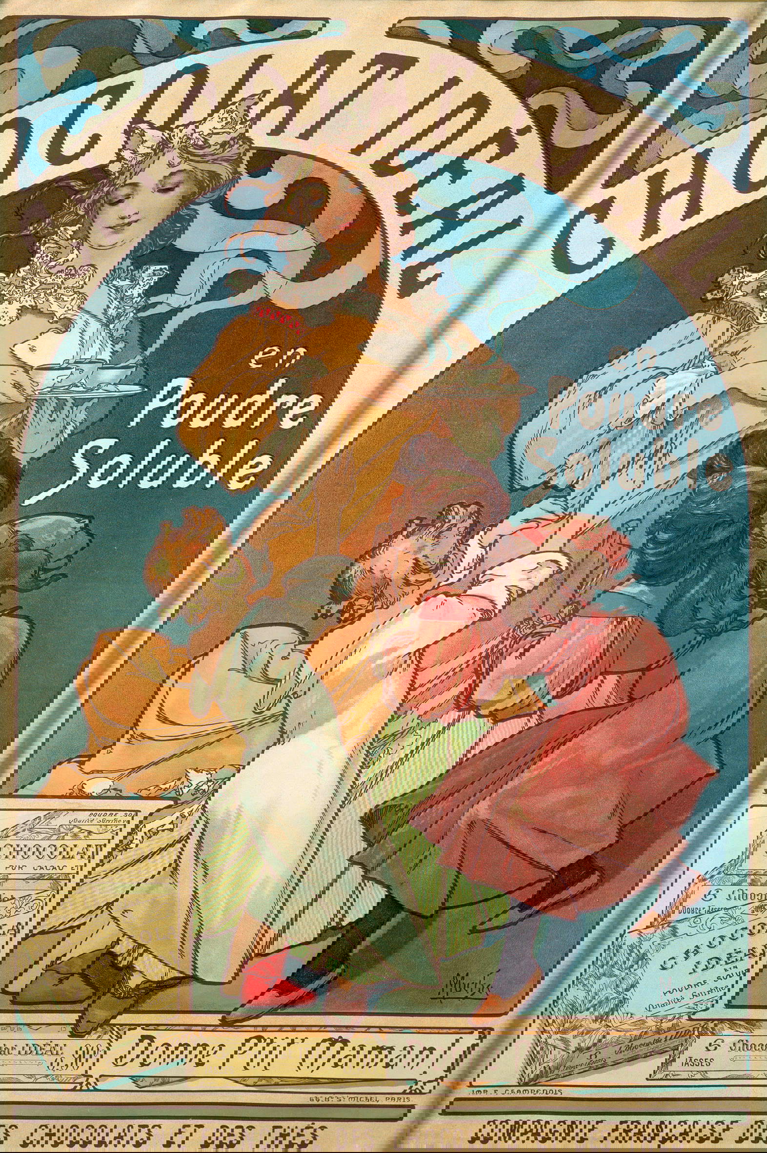 Alfons Mucha, Chocolate ideal (1897; litografía en color, 117x78 cm) © Mucha Trust 2023 Alfons Mucha, Chocolate ideal (1897; litografía en color, 117x78 cm) © Mucha Trust 2023