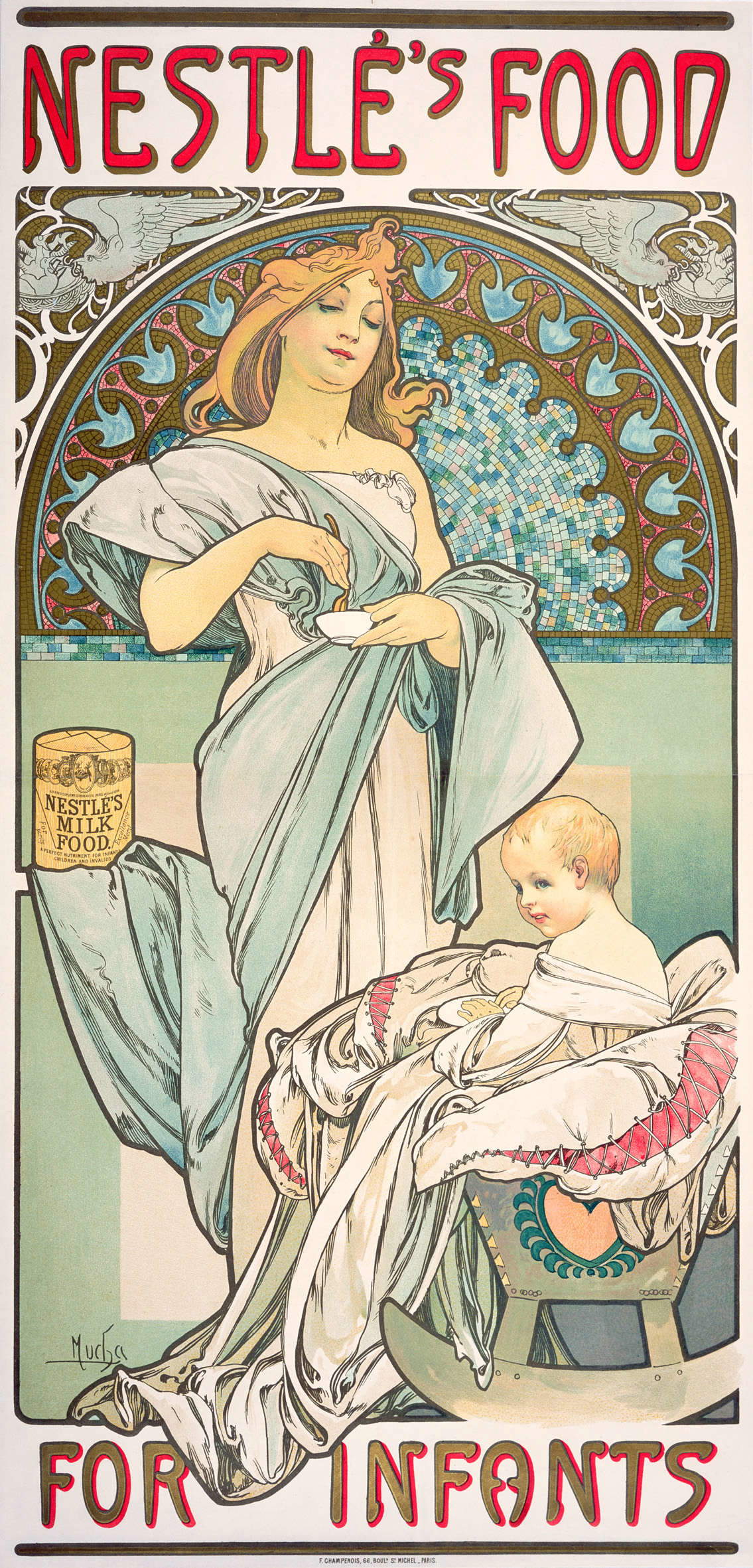 Alfons Mucha, Nestlé's Food for Infants (1897; litografía en color, 72x34,5 cm) © Mucha Trust 2023 Alfons Mucha, Nestlé's Food for Infants (1897; litografía en color, 72x34,5 cm) © Mucha Trust 2023