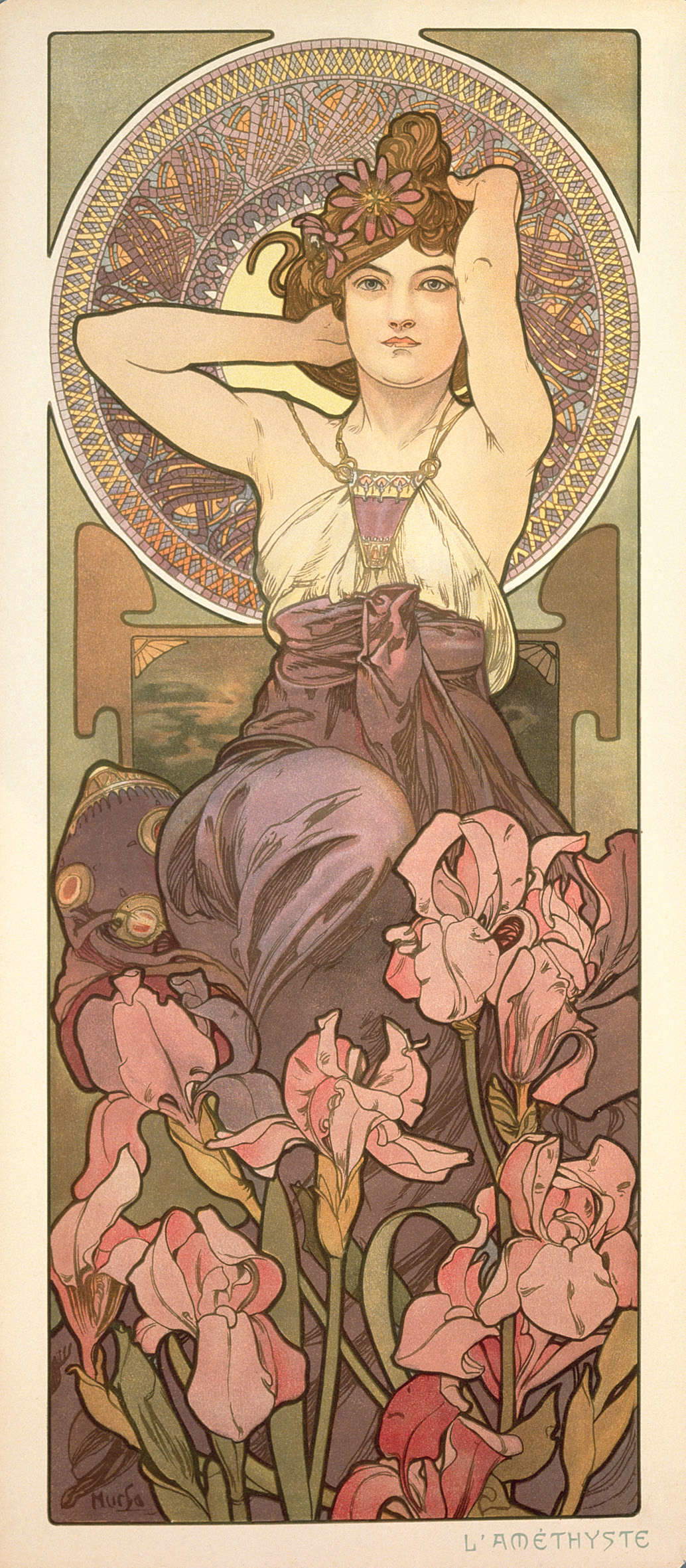 Alfons Mucha, Les pierres précieuses : l'améthyste (1900 ; lithographies en couleur, 67,2x30 cm) © Mucha Trust 2023 Alfons Mucha, Les pierres précieuses : l'améthyste (1900 ; lithographies en couleur, 67,2x30 cm) © Mucha Trust 2023