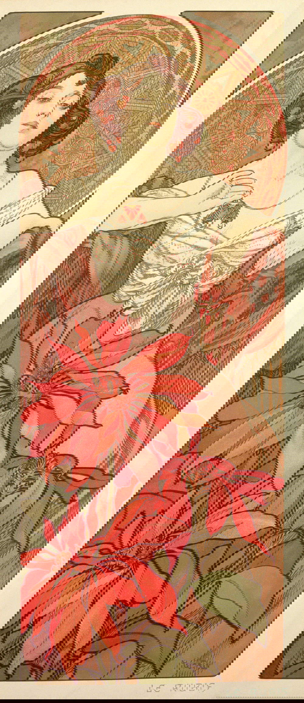 Alfons Mucha, Les pierres précieuses : le rubis (1900 ; lithographie en couleur, 67,2x30 cm) © Mucha Trust 2023 Alfons Mucha, Les pierres précieuses : le rubis (1900 ; lithographie en couleur, 67,2x30 cm) © Mucha Trust 2023